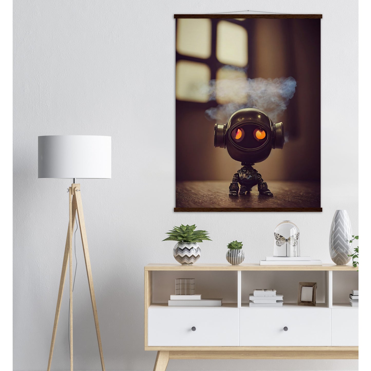 Poster mit Leisten (Holz) in Museumsqualität - Tiny robot - with smoke around his head - "Tiny Tim" - Wandbild - Customizable Coffee Cup - Personalized Gifts - Kunstdruck - Rauchender Roboter - Steampunk - Acryldruck - Smoking Robots - Personalized Gifts - Poster with frame - Wall Art - - zukunft - Kunstwerk - Office Poster - Poster mit Rahmen - Kaffee Tasse  - Bedruckte Tassen - Kunst Marke - Art Brand - Wandbild - Kunstdrucke - Künstler: John Grayst & Pixelboys - emotional robots - Geschenkidee 