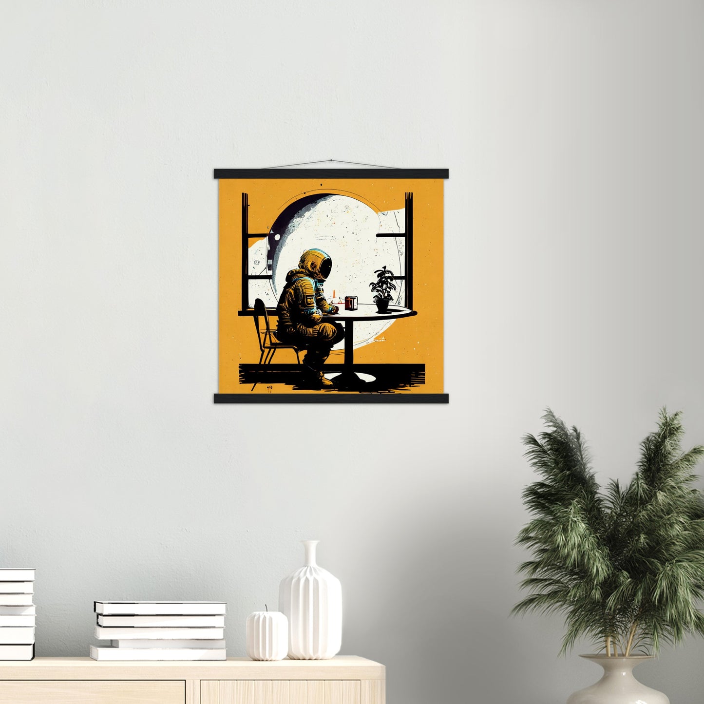 Poster mit Leisten (Holz) in Museumsqualität - The waiting Astronaut - Michael - Illustration - Astronaut - Waiting - Posterleisten - USA - Fineart - Posterrahmen  - Wandkunst - Holzrahmen - Poster with frame - people of color - artwork - art brand - printed cup personalized - Holzleisten - pixelboys - Kunstdrucke - wandbilder - wall art - Kunst auf Tassen  - Office Poster - Gastrotassen - Wanddekoration - Acrylkunst - Geschenkidee - Office Poster - Acryldruck - Abstrakte Kunst -