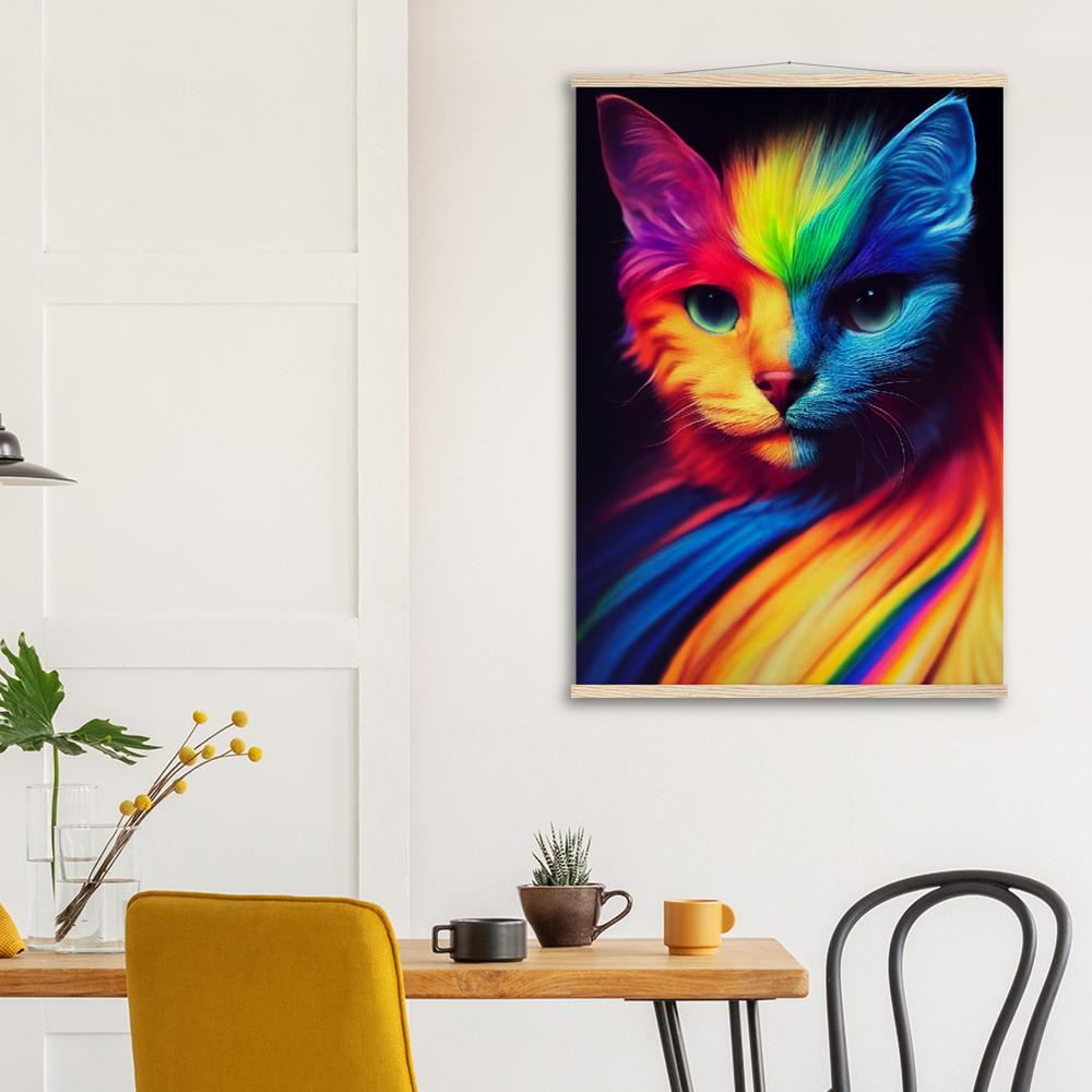 Poster Set mit Leisten aus Holz - Farbenfrohe Regenbogen Katze "Kitty" - Pride Bewegung Maskottchen -