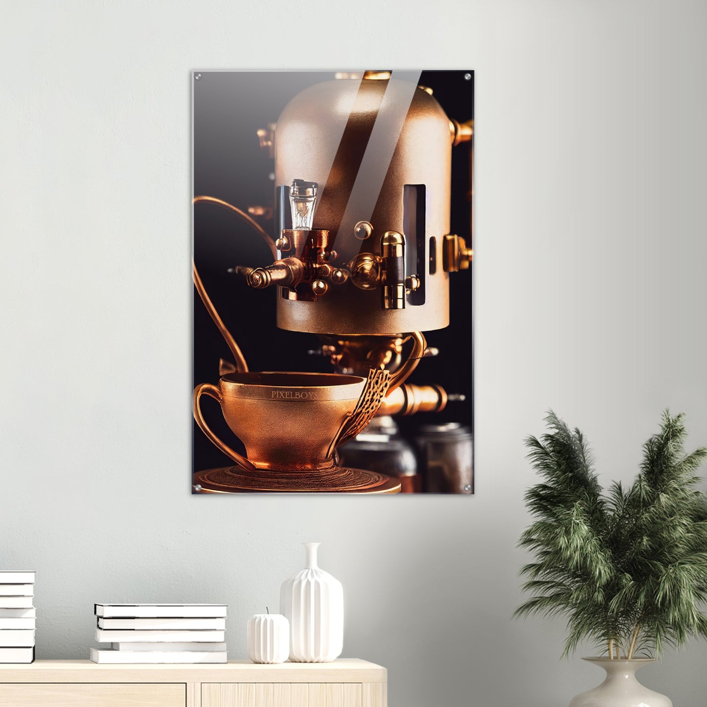 Acrylbild auf Glas - Steampunk - Coffee Maker - No.7 - Collection Cup - Pixelboys - Wandbild - Kunstwerk - Hotelkunst - Kunst auf Postern - Fine Art - Steampunk - Future - Maschine - Poster with frame - Office Poster - Art Brand - Pixelboys - Coffee House - Restaurant Poster - Wall Art - Kunstdruck - Geschenkidee - Kunst auf Acrylglas - Future Coffee Cup - Personalisierbare Tasse - Gastro Tasse - exklusiv - Acryldruck - Gastronomie Poster - Hotelposter - Teestube - Steam Punk Kitchen -   