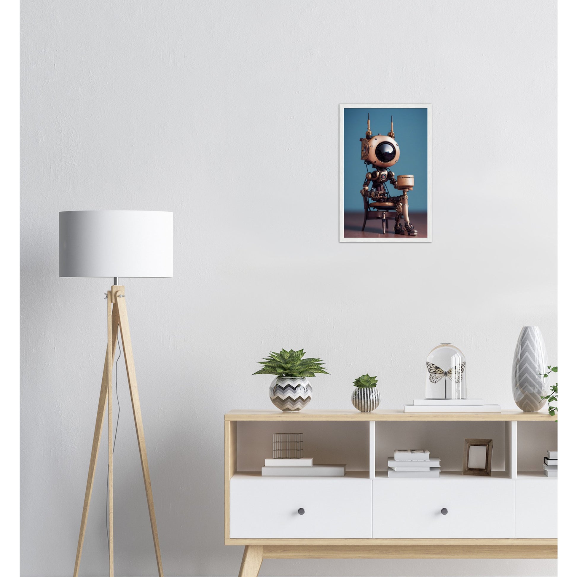 Poster mit Rahmen (Holz) in Museumsqualität - Tiny robot with a present - "Tiny Sam" - Wandbild - Customizable Coffee Cup - Personalized Gifts - Kunstdruck - Roboter mit Geschenk - Steampunk - Acryldruck - Present Robots - Personalized Gifts - Poster with frame - nr.5 lebt - zukunft - Kunstwerk - Office Poster - Poster mit Rahmen - Kaffee Tasse  - Bedruckte Tassen - Kunst Marke - Art Brand - Wandbild - Kunstdrucke - Künstler: John Grayst & Pixelboys - emotional robots - Geschenkidee -