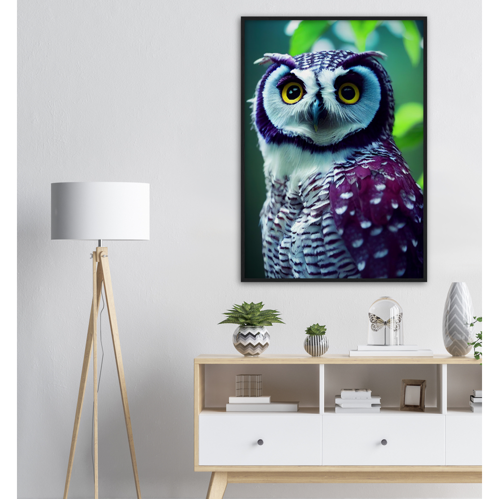 Poster mit Rahmen (Holz) - Fruit Owl No.5 - "Sini", the bluberry owl - Wandkunst - Kunstdruck - Heidelbeereule - (lat. bubo vaccinium) - Teebecher - Heidelbeere Eule - Fruchteulen - blueberry owl- Vogel - Uhu - Bird - Strigiformes - Noctua - Ornithologie - Kunstwerk  - Office Poster - Poster mit Rahmen - Kaffee Tasse - Poster mit Leisten - Bedruckte Tassen - Kunst Marke - Art Brand - Acryldruck - Wandbild - Kunstdrucke - Papier: 250g/qm - Künstler: John Grayst & Pixelboys - Eulen - Owl - Geschenkidee - 