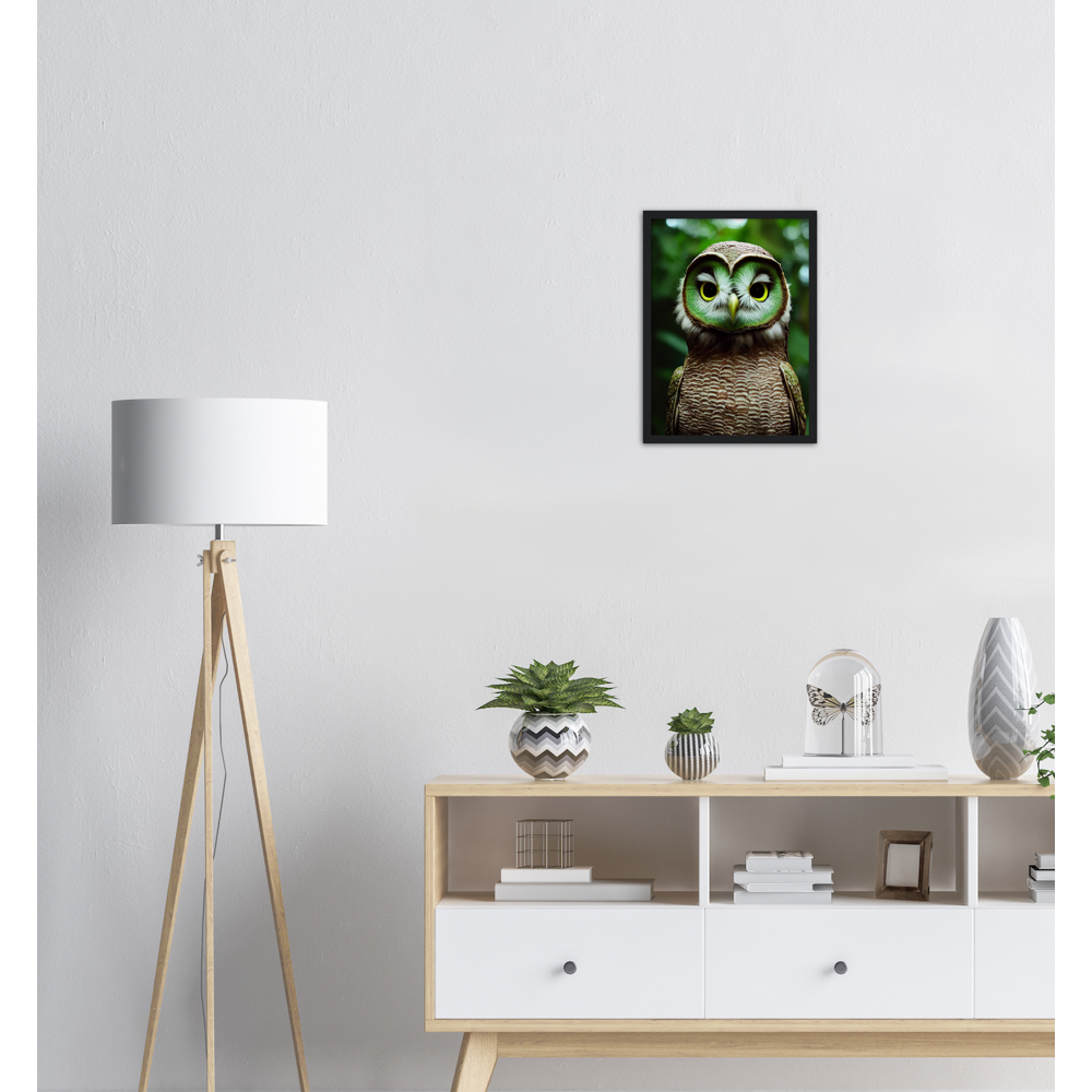 Poster mit Rahmen - Fruit Owl No. 4 - "Kiki", the Kiwi Owl - Wandkunst - Kunstdruck - (lat. tyto actinidia) - Kiwi Eule - Kiwi Owl - Fruchteulen - Vogel - Bird - Strigiformes - Noctua - Ornithologie - Kunstwerk  - Office Poster - Poster mit Rahmen - Kaffee Tasse - Poster mit Leisten - Bedruckte Tassen - Kunst Marke - Art Brand - Acryldruck - Wandbild - Kunstdrucke - Papier: 250g/qm - Künstler: John Grayst & Pixelboys - Eulen - Owl - Geschenkidee - 