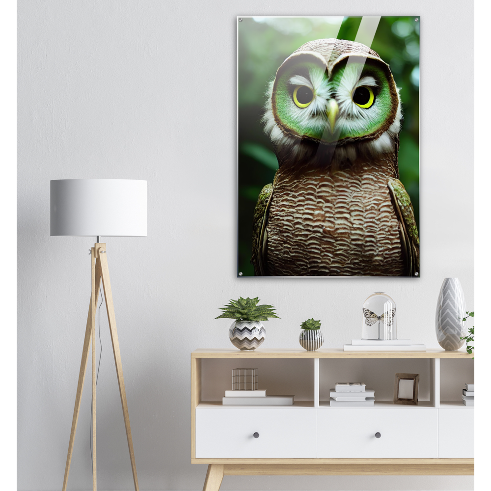 Acrylbild - Museumsqualität - Fruit Owl No. 4 - "Kiki", the Kiwi Owl - Wandkunst - Kunstdruck - (lat. tyto actinidia) - Kiwi Eule - Kiwi Owl - Fruchteulen - Vogel - Bird - Strigiformes - Noctua - Ornithologie - Kunstwerk  - Office Poster - Poster mit Rahmen - Kaffee Tasse - Poster mit Leisten - Bedruckte Tassen - Kunst Marke - Art Brand - Acryldruck - Wandbild - Kunstdrucke - Papier: 250g/qm - Künstler: John Grayst & Pixelboys - Eulen - Owl - Geschenkidee - 