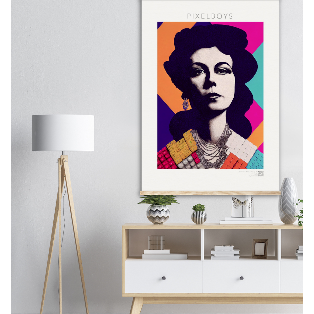  Poster mit Leisten (Holz) - in Museumsqualität - The Queen No.3 - HRH in cubes - Kunstdruck - 250g/qm - Queen Elisabeth II - Monarch - HRH - His/Her Royal Highness - Groß Britannien - Commonwealth - The Royal Family - Wandbild - Kubismus - synthetischen Kubismus - Georges Braque - Künstler: "John Grayst" - Atelier - UK - GB - London - 