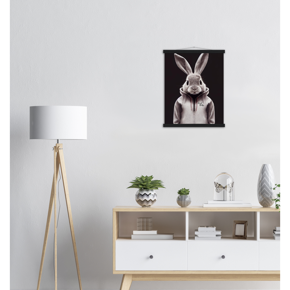 Poster mit Leisten (Holz) - Bunny in grey tracksuit - Fashion Gang - Wandbild - Ostern - Geschenkidee - Osterhase - Bunny Crew: "Valerian" - "Caesar" - "Constantin" - "Cleo"-Titus - Weisser Hase - Easter Bunny - Cute - grey tracksuit - sweats - Alice's Adventures in Wonderland - Modemarke - Pixelboys Brand - Valerian der Hase - Kaninchen  - Künstler: "Pixelboys" - Atelier - Germany - Berlin - Hamburg - Colgne - France - Paris - Italy - Rom - USA - America - New York City - Los Angeles - Chicago - 