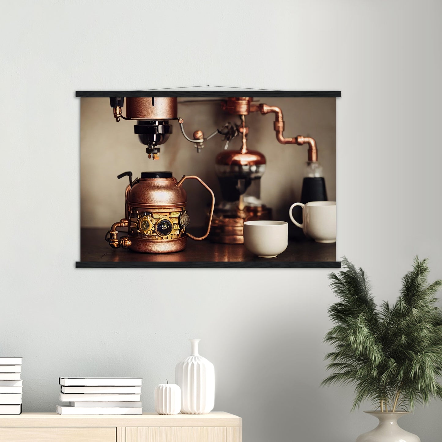 Poster mit Leisten (Holz) - in Museumsqualität - Steampunk - Coffee Maker - No.1 - Wandbild - Kunstwerk - Kunst auf Postern - Fine Art - Steampunk - Future - Maschine - Poster with frame - Office Poster - Art Brand - Pixelboys - Coffee House - Restaurant Poster - Schöner Wohnen - Dekoration - Wall Art - Kunstdruck - Geschenkidee - Kunst auf Acrylglas - Personalisierbare Tasse - Gastro Poster - Gewerbliche Poster - exklusiv