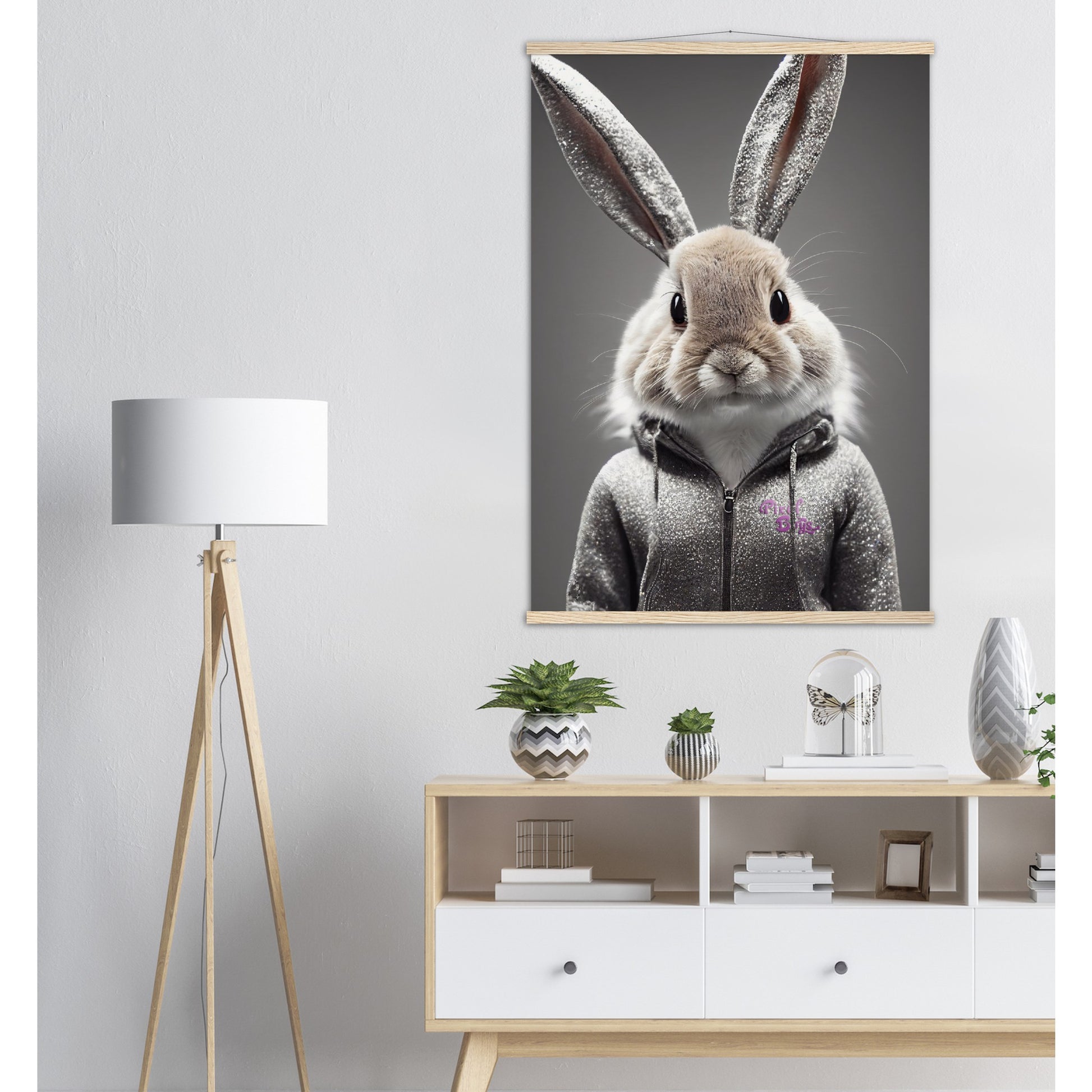 Poster mit Leisten (Holz) - in Museumsqualität - Bunny in grey tracksuit - "Cleo" - Cute - Marke:Pixelboys - Brand - Art Prints - Marke - Wandkunst - Papierstärke: 250g/qm - Wall Art - Bunny crey - Skater Betty - Hasen Gang - Original - Künstler:Pixelboys - Poster with frame - Office Poster - Trend - Wandschmuck - Atelier USA - 