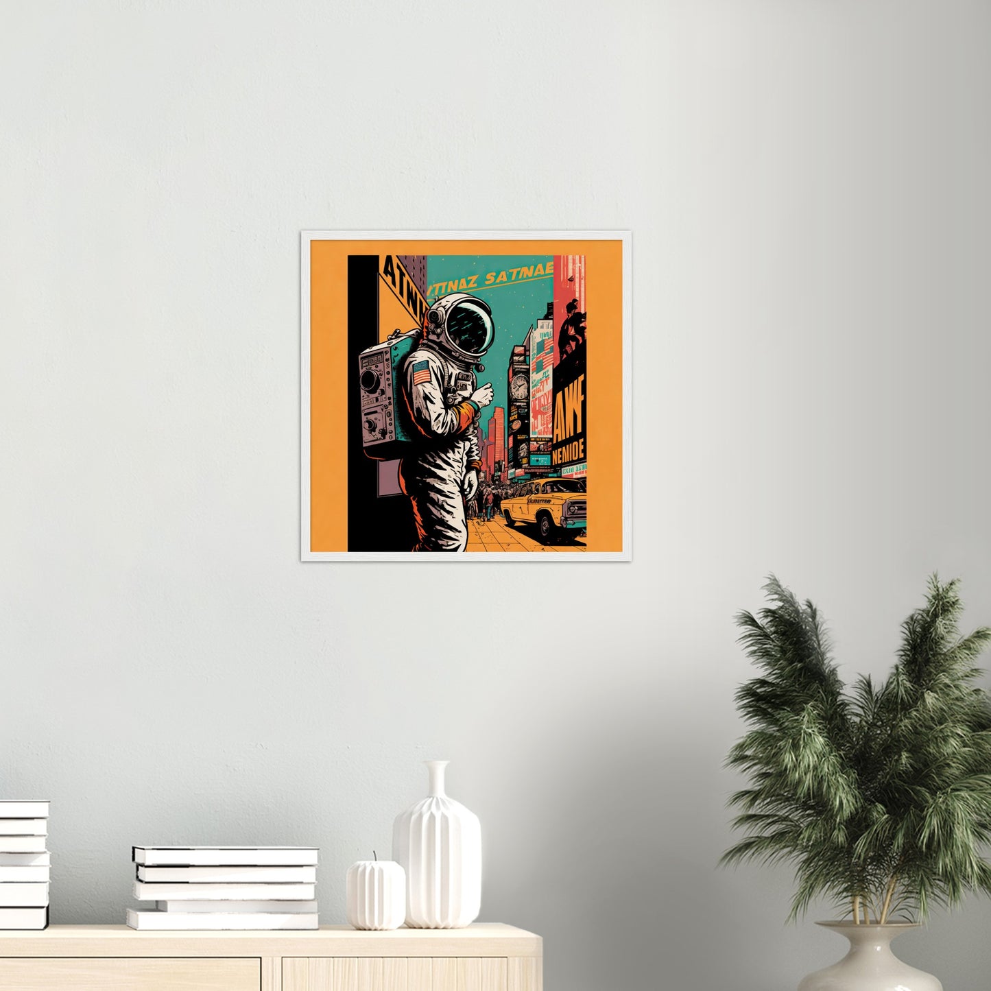 Poster mit Holzrahmen in Museumsqualität - Astronaut at the NY Time Square - Illustration - Astronaut - New York - Rocketman - Posterleisten - USA - Fineart - Posterrahmen  - Wandkunst - Holzrahmen - Poster with frame - artwork - art brand - printed cup personalized - Holzleisten - pixelboys - Kunstdrucke - wandbilder - wall art - Kunst auf Tassen  - Office Poster - Gastrotassen - Wanddekoration - Acrylkunst - Geschenkidee - Office Poster - Acryldruck - Abstrakte Kunst -