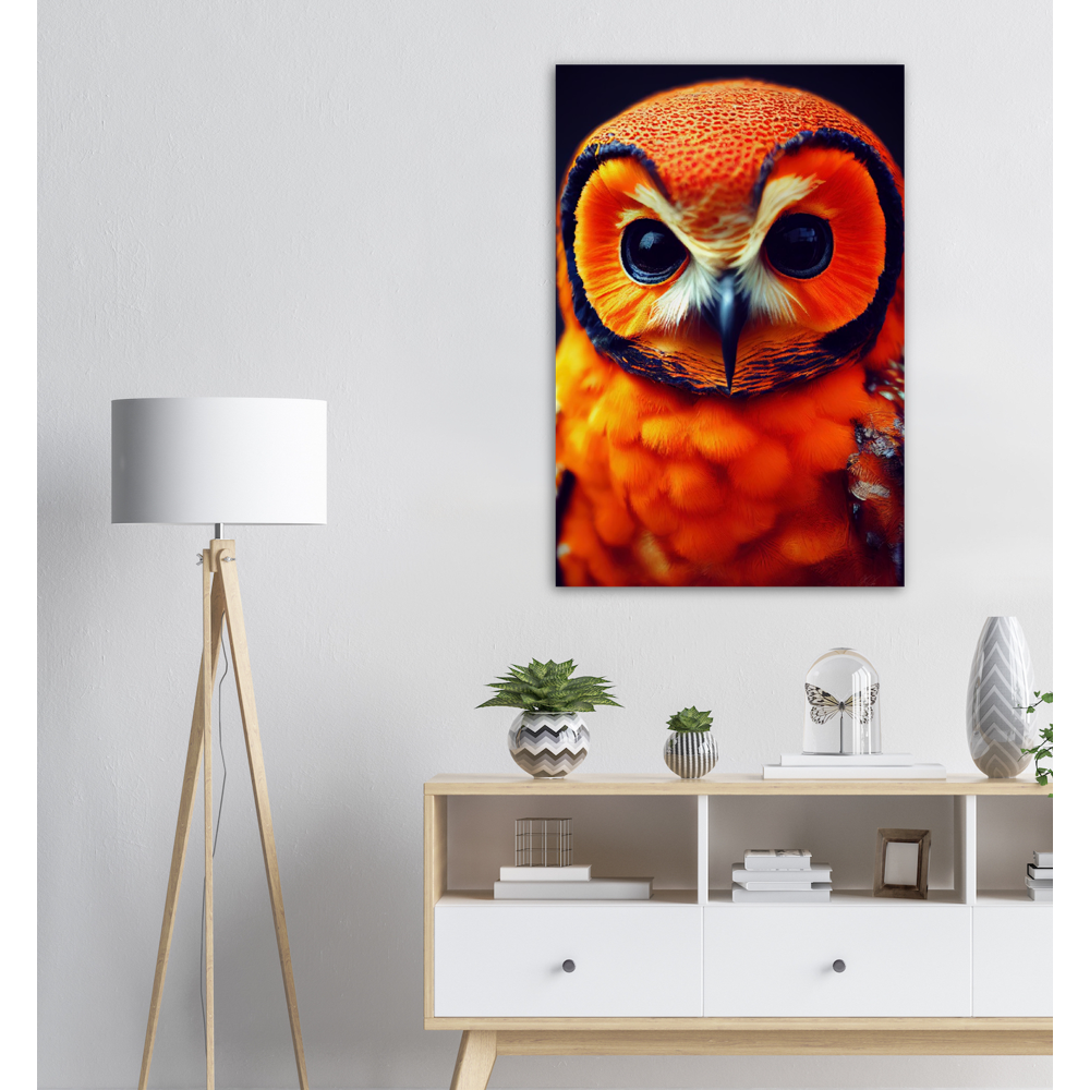 Poster in Museumsqualität - Fruit Owl No. 1 - "Orangina", the orange owl - Serie Fruit Owls - Schleiereulen - lat. Tytonidae - Fruchteulen - Vogel - Bird - Strigiformes - Noctua - Ornithologie - Kunstwerk - Acryldruck - Poster mit Rahmen - Poster mit Leisten - Bedruckte Tassen - Kunst Marke - Art Brand - Pixelboys - Kunstdruck - Acrylbild - Wandbild - Kunstdrucke - Papier: 250g/qm - Künstler: John Grayst & Pixelboys - Eulen - Owl-  - Atelier - England - London - Birmingham - Manchester - Leeds - Liverpool 