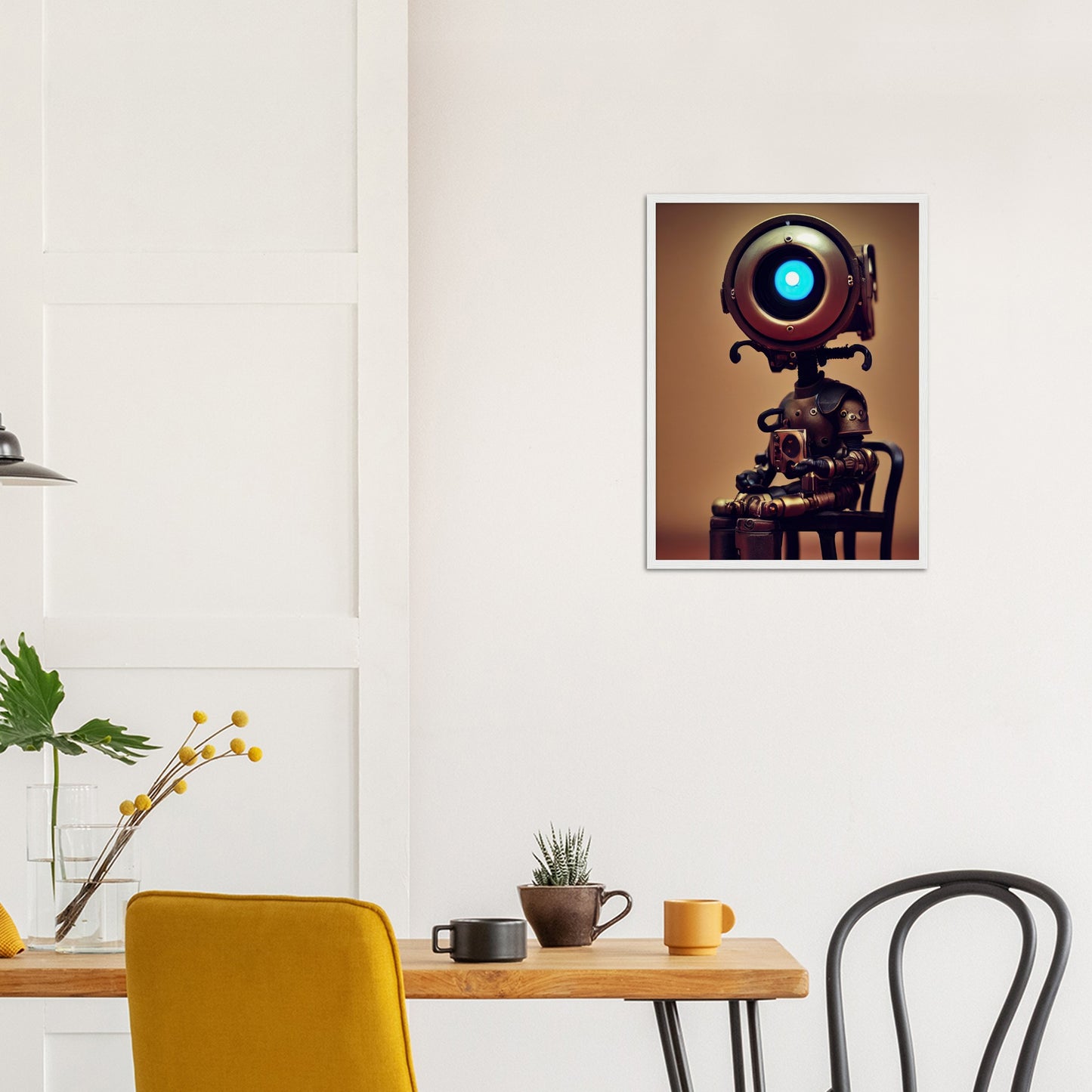 Poster mit Rahmen (Holz) - Museumsqualität -  Tiny robot with coffee - "Bobby" - Wandkunst - Papierdicke: 250g/qm - Customizable Coffee Cup - Personalized Gifts - Kunstdruck - Kleine Roboter - Acryldruck - Little Robots - Personalized Gifts - Tiny  - Steampunk - zukunft - Poster with frame - Kunstwerk - Office Poster - Poster mit Rahmen - Kaffee Tasse - Poster - Bedruckte Tassen - Kunst Marke - Art Brand - Wandbild - Kunstdrucke - Künstler: John Grayst & Pixelboys - emotional robots - Geschenkidee -