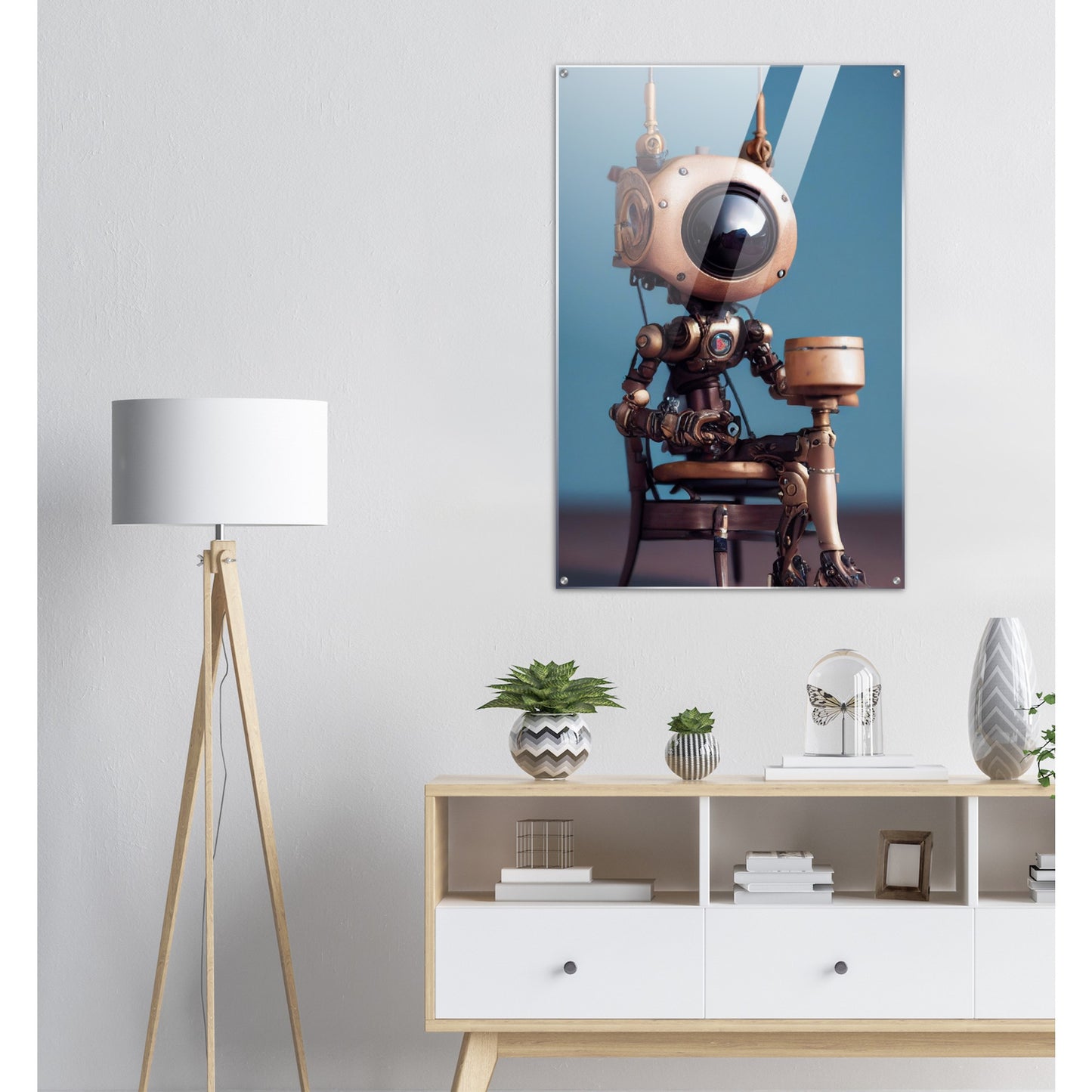 Acrylbild in Museumsqualität - Tiny robot with a present - "Tiny Sam" - Wandbild - Customizable Coffee Cup - Personalized Gifts - Kunstdruck - Roboter mit Geschenk - Steampunk - Acryldruck - Present Robots - Personalized Gifts - Poster with frame - nr.5 lebt - zukunft - Kunstwerk - Office Poster - Poster mit Rahmen - Kaffee Tasse  - Bedruckte Tassen - Kunst Marke - Art Brand - Wandbild - Kunstdrucke - Künstler: John Grayst & Pixelboys - emotional robots - Geschenkidee - Wall Art -