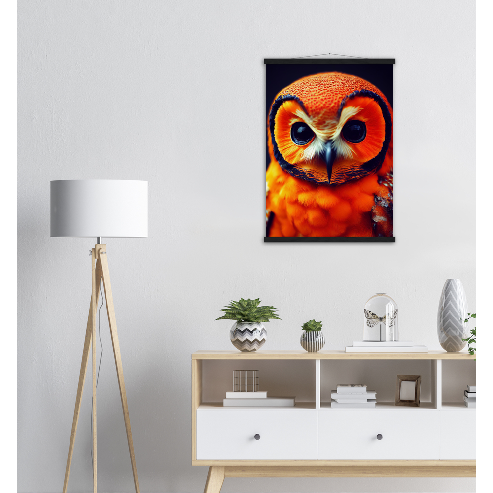 Poster mit Leisten (Holz) - Fruit Owl No. 1 - "Orangina", the orange owl - Serie Fruit Owls - Schleiereulen - lat. Tytonidae - Fruchteulen - Vogel - Bird - Strigiformes - Noctua - Ornithologie - Kunstwerk - Acryldruck - Poster mit Rahmen - Poster mit Leisten - Bedruckte Tassen - Kunst Marke - Art Brand - Pixelboys - Kunstdruck - Acrylbild - Wandbild - Kunstdrucke - Papier: 250g/qm - Künstler: John Grayst & Pixelboys - Eulen - Owl-  - Atelier - England - London - Birmingham - Manchester - Leeds - Liverpool  