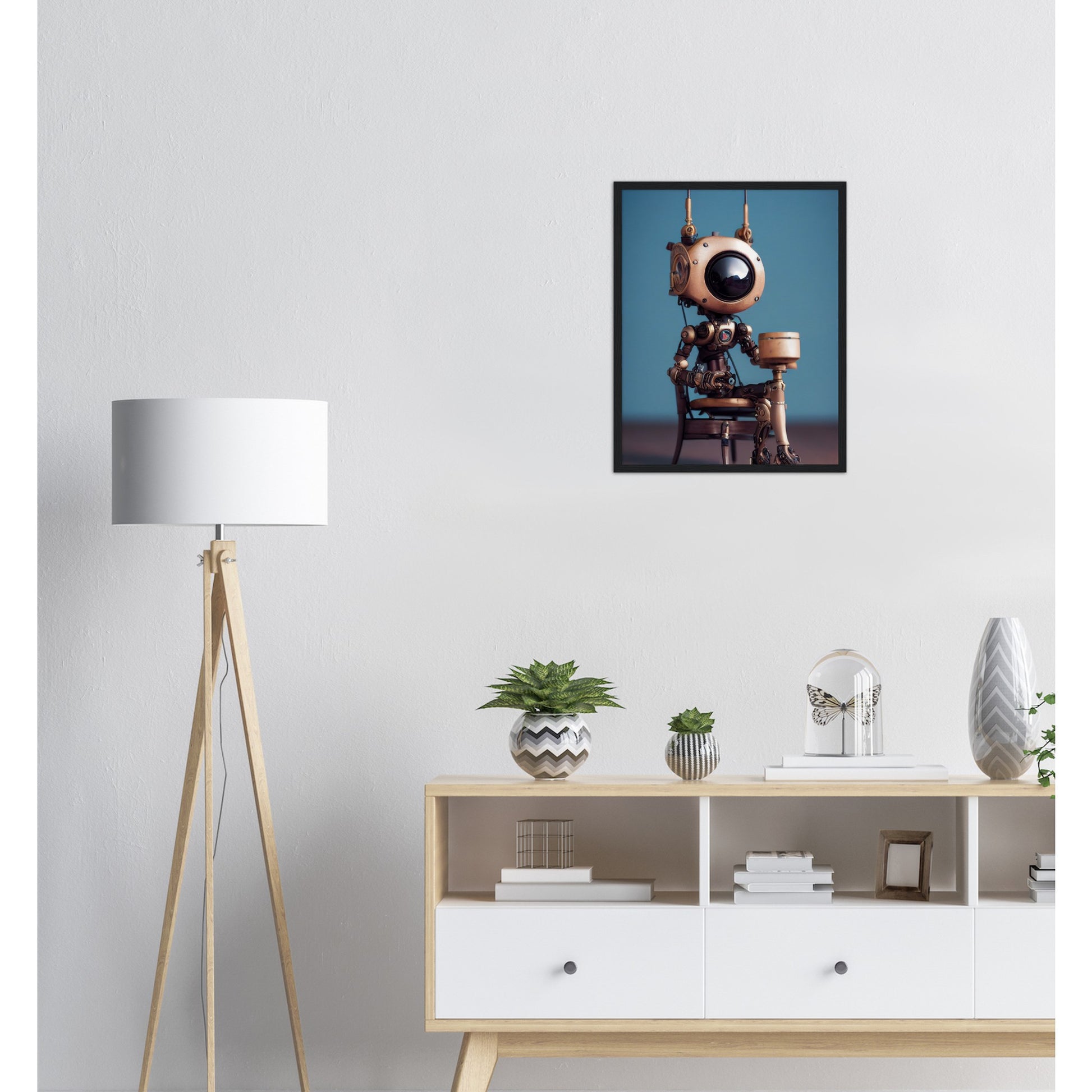 Poster mit Rahmen (Holz) in Museumsqualität - Tiny robot with a present - "Tiny Sam" - Wandbild - Customizable Coffee Cup - Personalized Gifts - Kunstdruck - Roboter mit Geschenk - Steampunk - Acryldruck - Present Robots - Personalized Gifts - Poster with frame - nr.5 lebt - zukunft - Kunstwerk - Office Poster - Poster mit Rahmen - Kaffee Tasse  - Bedruckte Tassen - Kunst Marke - Art Brand - Wandbild - Kunstdrucke - Künstler: John Grayst & Pixelboys - emotional robots - Geschenkidee - Wall Art -