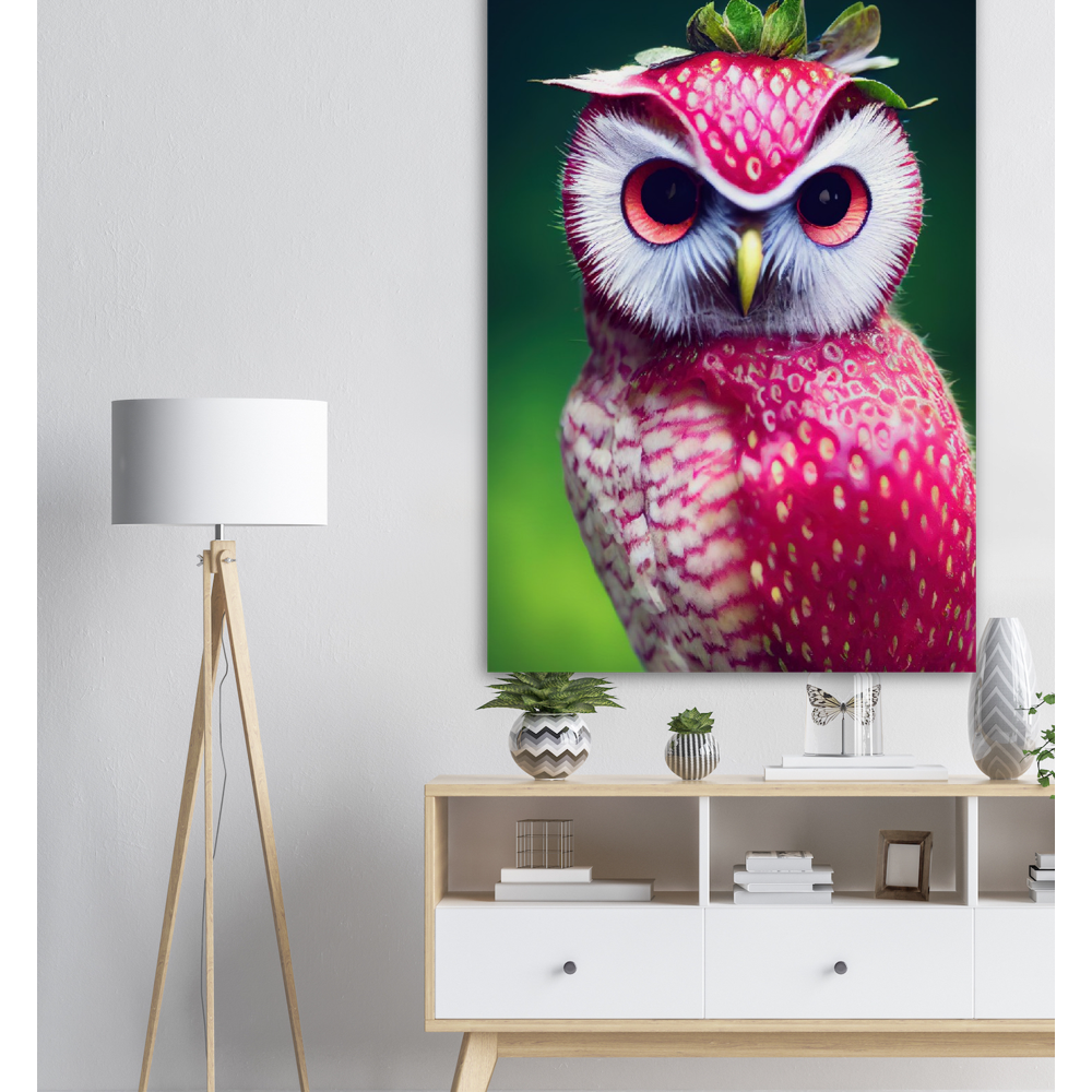 Poster in Museumsqualität - Fruit Owl No. 2 - "Berry", the Strawberry Owl - Serie Fruit Owls - Wandkunst - Kunstdruck - (fiktiv: lat.  Pulsatrix Fragaria) - Erdbeere - Schleiereulen - Fruchteulen - Vogel - Bird - Strigiformes - Noctua - Ornithologie - Kunstwerk  - Office Poster - Poster mit Rahmen - Kaffee Tasse - Poster mit Leisten - Bedruckte Tassen - Kunst Marke - Art Brand - Acrylbild - Wandbild - Kunstdrucke - Papier: 250g/qm - Künstler: John Grayst & Pixelboys - Eulen - Owl - Geschenkidee - 