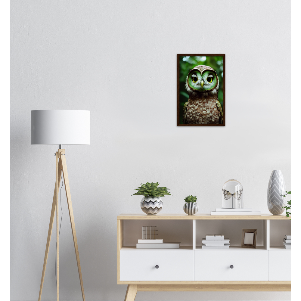 Poster mit Rahmen - Fruit Owl No. 4 - "Kiki", the Kiwi Owl - Wandkunst - Kunstdruck - (lat. tyto actinidia) - Kiwi Eule - Kiwi Owl - Fruchteulen - Vogel - Bird - Strigiformes - Noctua - Ornithologie - Kunstwerk  - Office Poster - Poster mit Rahmen - Kaffee Tasse - Poster mit Leisten - Bedruckte Tassen - Kunst Marke - Art Brand - Acryldruck - Wandbild - Kunstdrucke - Papier: 250g/qm - Künstler: John Grayst & Pixelboys - Eulen - Owl - Geschenkidee - 