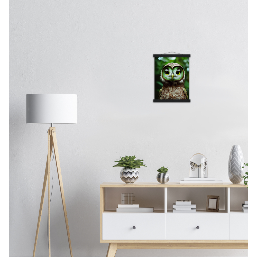 Poster mit Leisten (Holz) - Fruit Owl No. 4 - "Kiki", the Kiwi Owl - Wandkunst - Kunstdruck - (lat. tyto actinidia) - Kiwi Eule - Kiwi Owl - Fruchteulen - Vogel - Bird - Strigiformes - Noctua - Ornithologie - Kunstwerk  - Office Poster - Poster mit Rahmen - Kaffee Tasse - Poster mit Leisten - Bedruckte Tassen - Kunst Marke - Art Brand - Acryldruck - Wandbild - Kunstdrucke - Papier: 250g/qm - Künstler: John Grayst & Pixelboys - Eulen - Owl - Geschenkidee - 