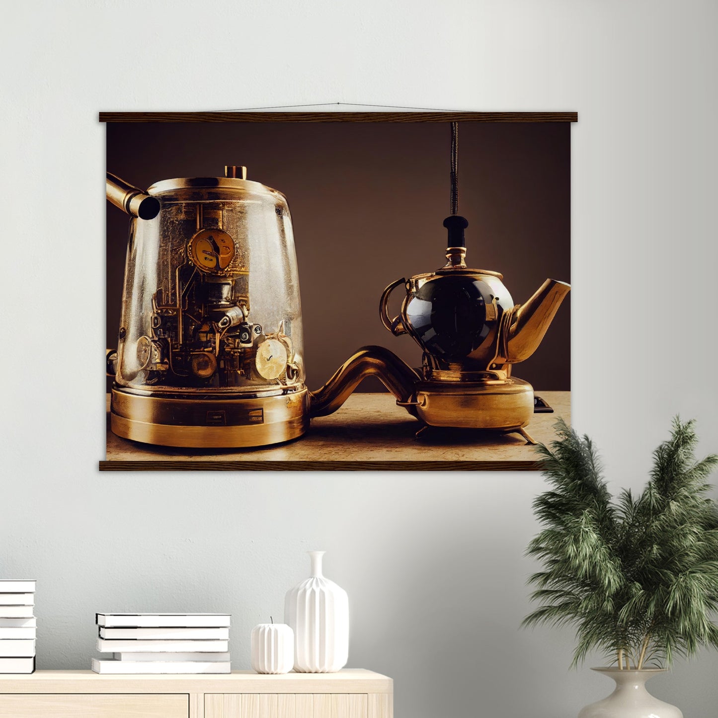 Poster mit Leisten (Holz) - in Museumsqualität - Steampunk - Coffee Maker - No.2 - Pixelboys - Wandbild - Kunstwerk - Hotelkunst - Kunst auf Postern - Fine Art - Steampunk - Future - Maschine - Poster with frame - Office Poster - Art Brand - Pixelboys - Coffee House - Restaurant Poster - Schöner Wohnen - Dekoration - Wall Art - Kunstdruck - Geschenkidee - Kunst auf Acrylglas - Future Coffee Cup - Personalisierbare Tasse - Gastro Poster -  Gewerbliche Poster - exklusiv - Gastronomie Poster - Hotelposter -