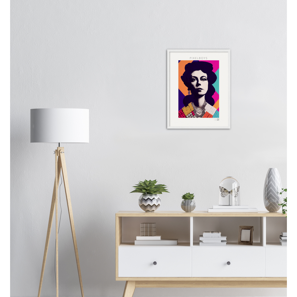 Poster mit Rahmen (Holz) - in Museumsqualität - The Queen No.3 - HRH in cubes - Kunstdruck - 250g/qm - Queen Elisabeth II - Monarch - HRH - His/Her Royal Highness - Groß Britannien - Commonwealth - The Royal Family - Wandbild - Kubismus - synthetischen Kubismus - Georges Braque - Künstler: "John Grayst" - Atelier - UK - GB - London - RIP 