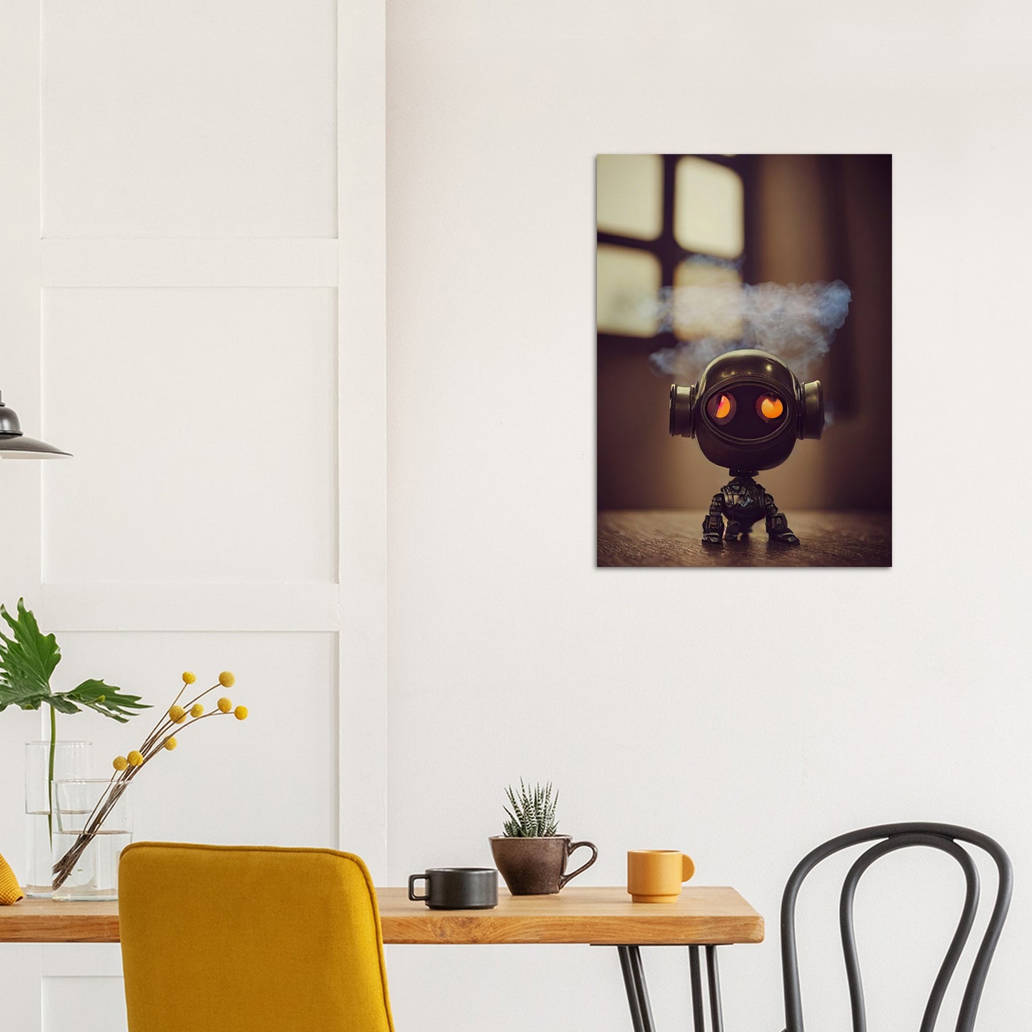 Poster in Museumsqualität - Tiny robot - with smoke around his head - "Tiny Tim" - Wandbild - Customizable Coffee Cup - Museumsqualität - Personalized Gifts - Kunstdruck - Rauchender Roboter - Steampunk - Acryldruck - Smoking Robots - Personalized Gifts - Poster with frame - blech - nr.5 lebt - zukunft - Kunstwerk - Office Poster - Poster mit Rahmen - Kaffee Tasse  - Bedruckte Tassen - Kunst Marke - Art Brand - Wandbild - Kunstdrucke - Künstler: John Grayst & Pixelboys - emotional robots - Geschenkidee -