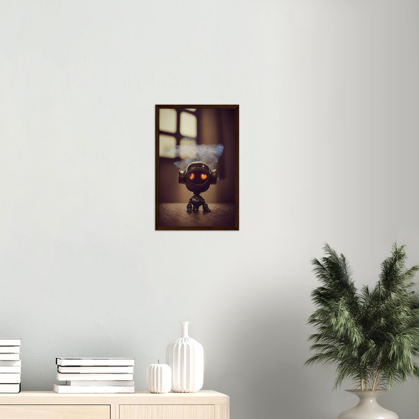 Poster mit Rahmen (Holz) - in Museumsqualität - Tiny robot - with smoke around his head - "Tiny Tim" - Wandbild - Customizable Coffee Cup - Personalized Gifts - Kunstdruck - Rauchender Roboter - Steampunk - Acryldruck - Smoking Robots - Personalized Gifts - Poster with frame - nr.5 lebt - zukunft - Kunstwerk - Office Poster - Poster mit Rahmen - Kaffee Tasse  - Bedruckte Tassen - Kunst Marke - Art Brand - Wandbild - Kunstdrucke - Künstler: John Grayst & Pixelboys - emotional robots - Geschenkidee -