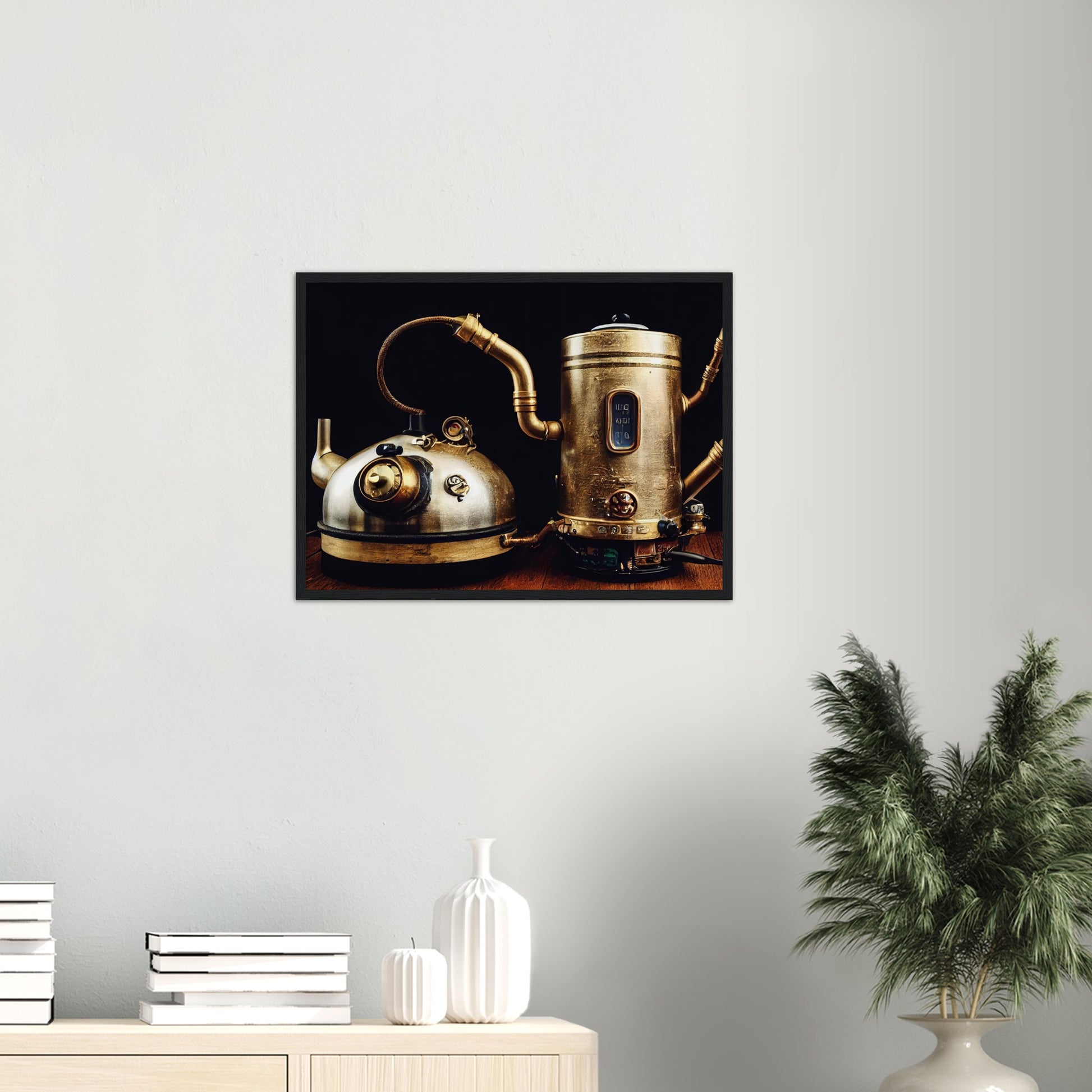 Poster mit Rahmen (Holz) in Museumsqualität - Steampunk - Coffee Maker - No.3 - Collection Cup - Pixelboys - Wandbild - Kunstwerk - Hotelkunst - Kunst auf Postern - Fine Art - Steampunk - Future - Maschine - Poster with frame - Office Poster - Art Brand - Pixelboys - Coffee House - Restaurant Poster - Wall Art - Kunstdruck - Geschenkidee - Kunst auf Acrylglas - Future Coffee Cup - Personalisierbare Tasse - Gastro Tasse - exklusiv - Gastronomie Poster - Hotelposter - Steam Punk Kitchen - 