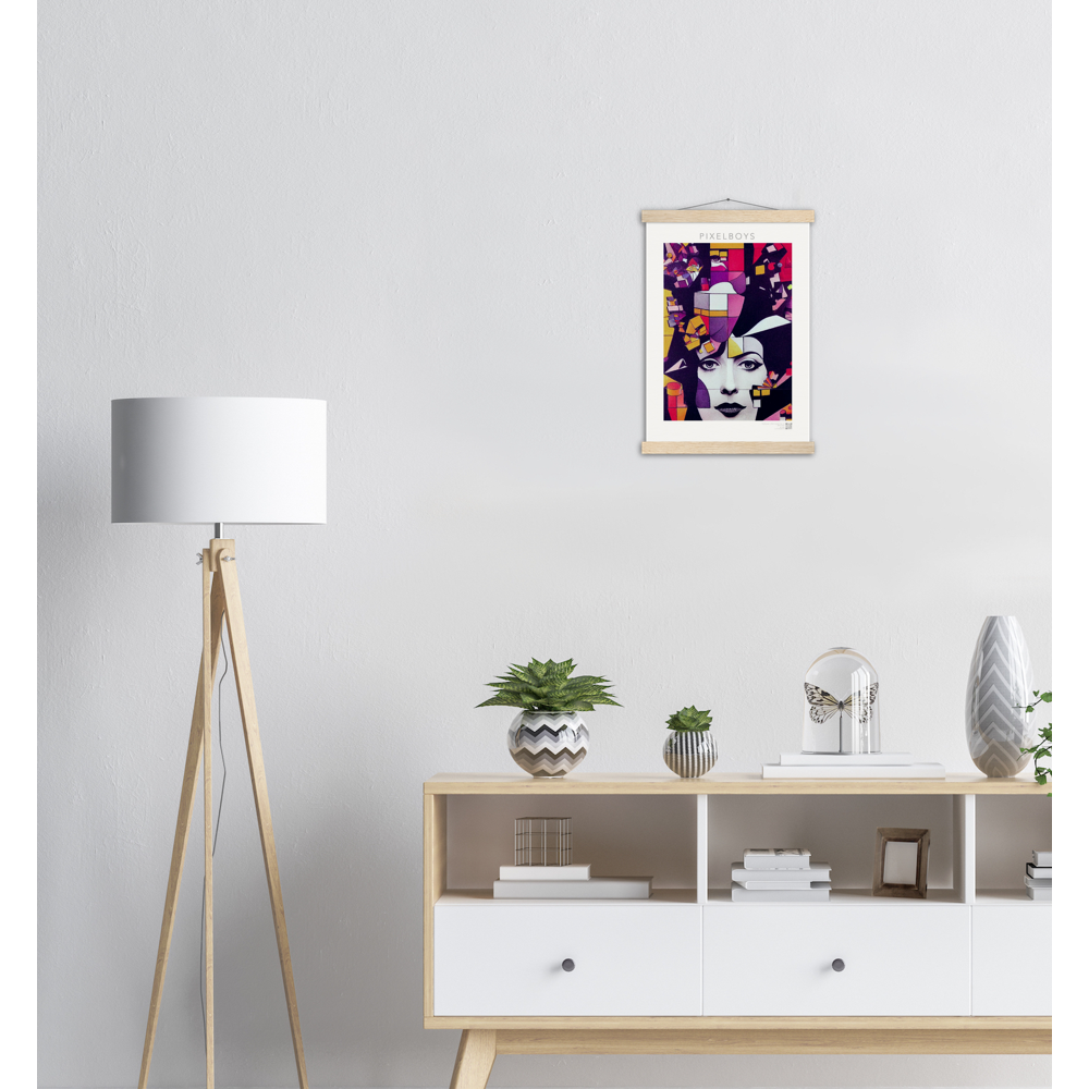 Poster mit Leisten (Holz) - The Queen No.1 - HRH in cubes - Kunstdruck - Queen Elisabeth II - Monarch - HRH - His/Her Royal Highness - Groß Britannien - Commonwealth - The Royal Family - Wandbild - Kubismus - synthetischen Kubismus - Georges Braque - Künstler: "John Grayst" - Atelier - UK - GB - London - 