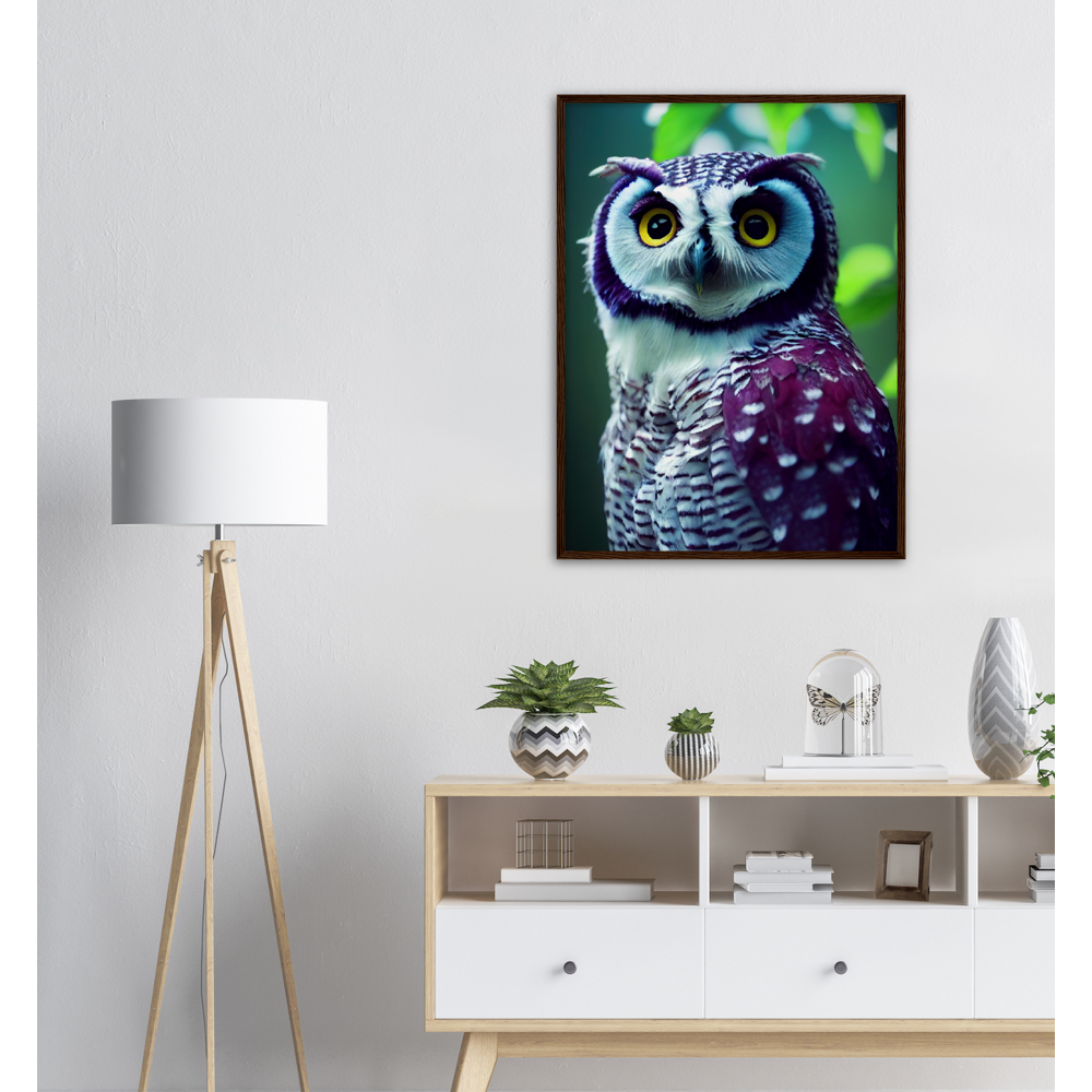 Poster mit Rahmen (Holz) - Fruit Owl No.5 - "Sini", the bluberry owl - Wandkunst - Kunstdruck - Heidelbeereule - (lat. bubo vaccinium) - Teebecher - Heidelbeere Eule - Fruchteulen - blueberry owl- Vogel - Uhu - Bird - Strigiformes - Noctua - Ornithologie - Kunstwerk  - Office Poster - Poster mit Rahmen - Kaffee Tasse - Poster mit Leisten - Bedruckte Tassen - Kunst Marke - Art Brand - Acryldruck - Wandbild - Kunstdrucke - Papier: 250g/qm - Künstler: John Grayst & Pixelboys - Eulen - Owl - Geschenkidee - 