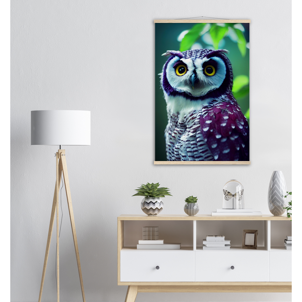 Poster mit Leisten (Holz) - Fruit Owl No.5 - "Sini", the bluberry owl - Wandkunst - Kunstdruck - Heidelbeereule - (lat. bubo vaccinium) - Teebecher - Heidelbeere Eule - Fruchteulen - blueberry owl- Vogel - Uhu - Bird - Strigiformes - Noctua - Ornithologie - Kunstwerk  - Office Poster - Poster mit Rahmen - Kaffee Tasse - Poster mit Leisten - Bedruckte Tassen - Kunst Marke - Art Brand - Acryldruck - Wandbild - Kunstdrucke - Papier: 250g/qm - Künstler: John Grayst & Pixelboys - Eulen - Owl - Geschenkidee - 