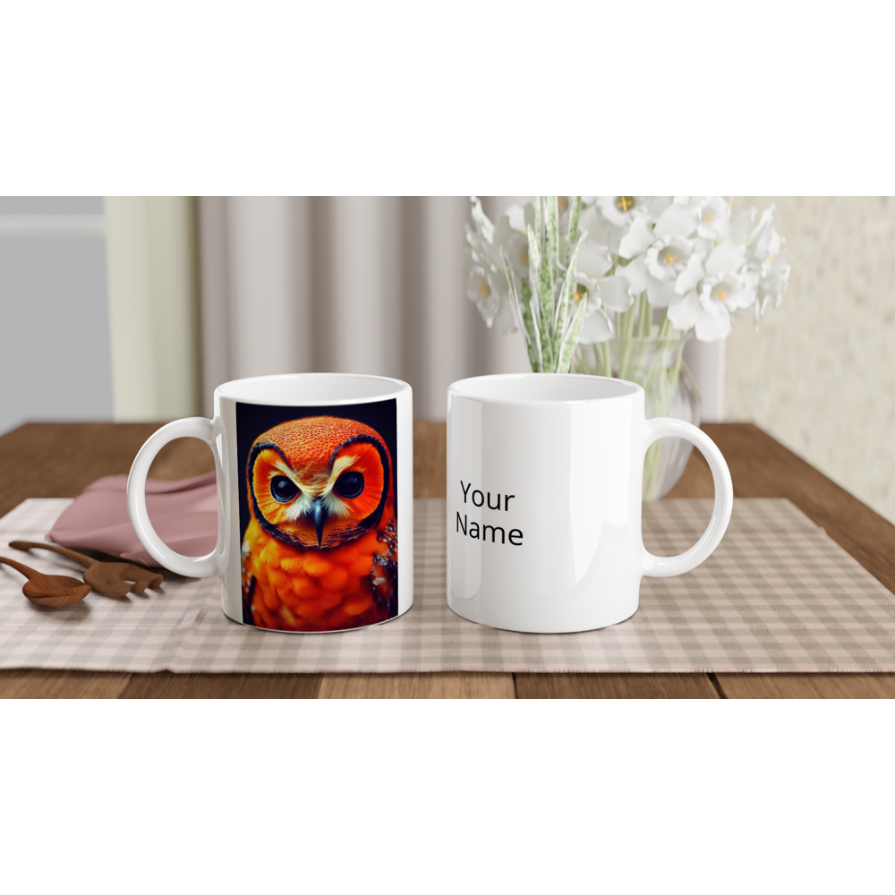 Personalisierbare Tasse - Fruit Owl No. 1 - "Orangina", the orange owl - Serie Fruit Owls - Schleiereulen - Becher Tee- Kaffee Tasse - lat. Tytonidae - Fruchteulen - Vogel - Bird - Strigiformes - Noctua - Ornithologie - Kunstwerk - Acryldruck - Poster mit Rahmen - Poster mit Leisten - Bedruckte Tassen - Kunst Marke - Art Brand - Pixelboys - Kunstdruck - Acryldruck - Wandbild - Kunstdrucke - Papier: 250g/qm - Künstler: John Grayst & Pixelboys - Eulen - Owl-  - Atelier - England - London - Manchester 