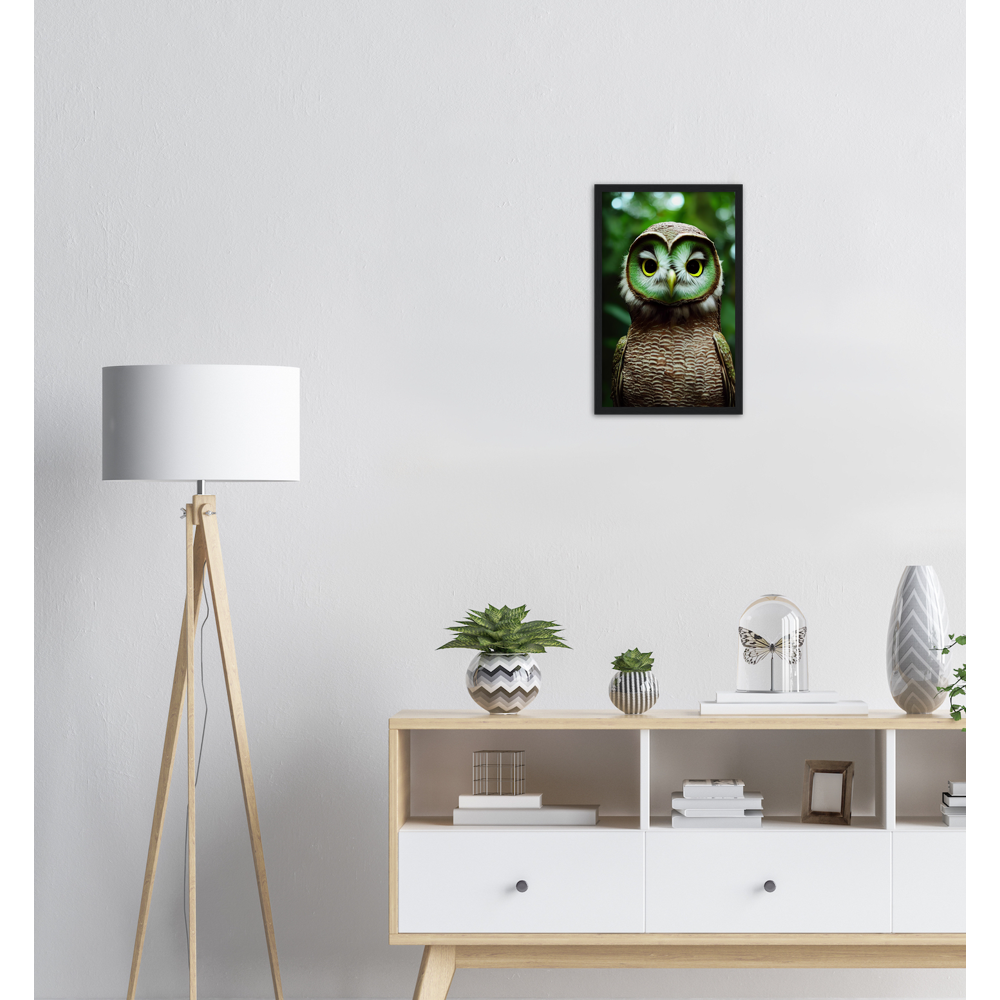 Poster mit Rahmen - Fruit Owl No. 4 - "Kiki", the Kiwi Owl - Wandkunst - Kunstdruck - (lat. tyto actinidia) - Kiwi Eule - Kiwi Owl - Fruchteulen - Vogel - Bird - Strigiformes - Noctua - Ornithologie - Kunstwerk  - Office Poster - Poster mit Rahmen - Kaffee Tasse - Poster mit Leisten - Bedruckte Tassen - Kunst Marke - Art Brand - Acryldruck - Wandbild - Kunstdrucke - Papier: 250g/qm - Künstler: John Grayst & Pixelboys - Eulen - Owl - Geschenkidee - 