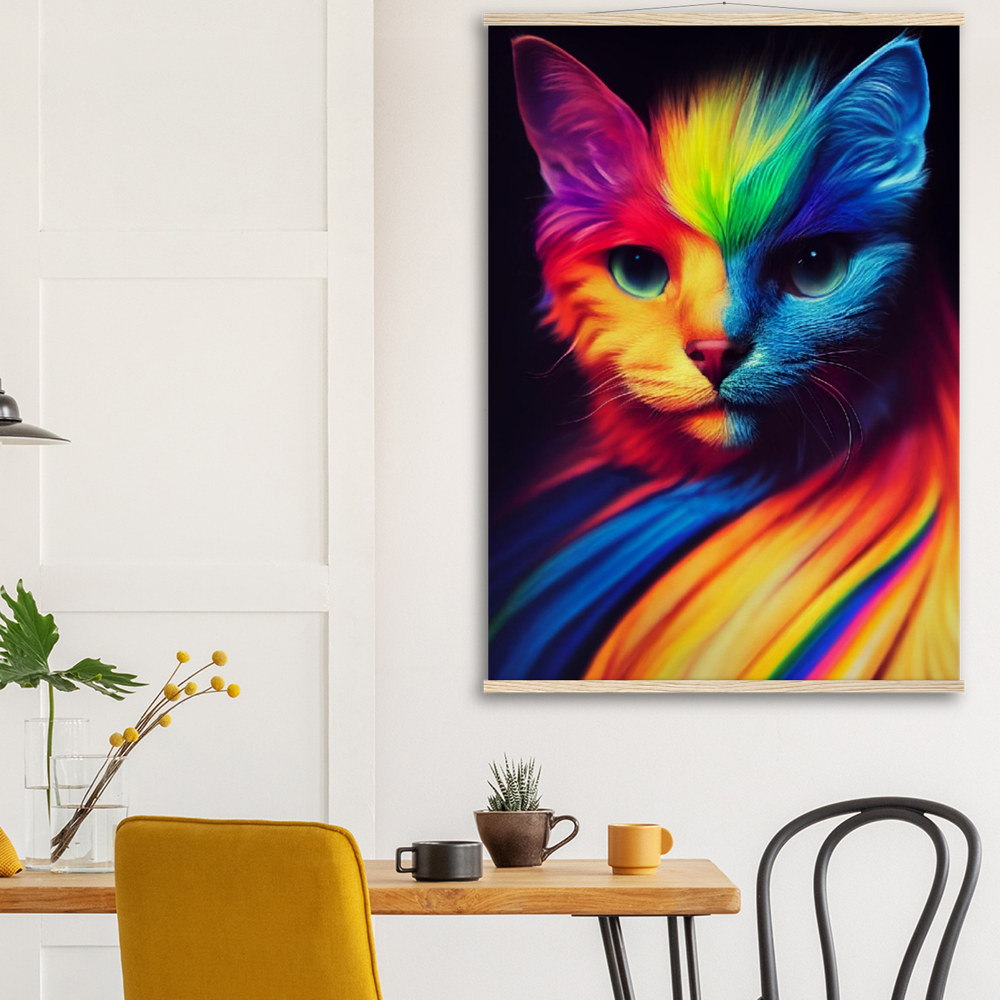 Poster Set mit Leisten aus Holz - Farbenfrohe Regenbogen Katze "Kitty" - Pride Bewegung Maskottchen -