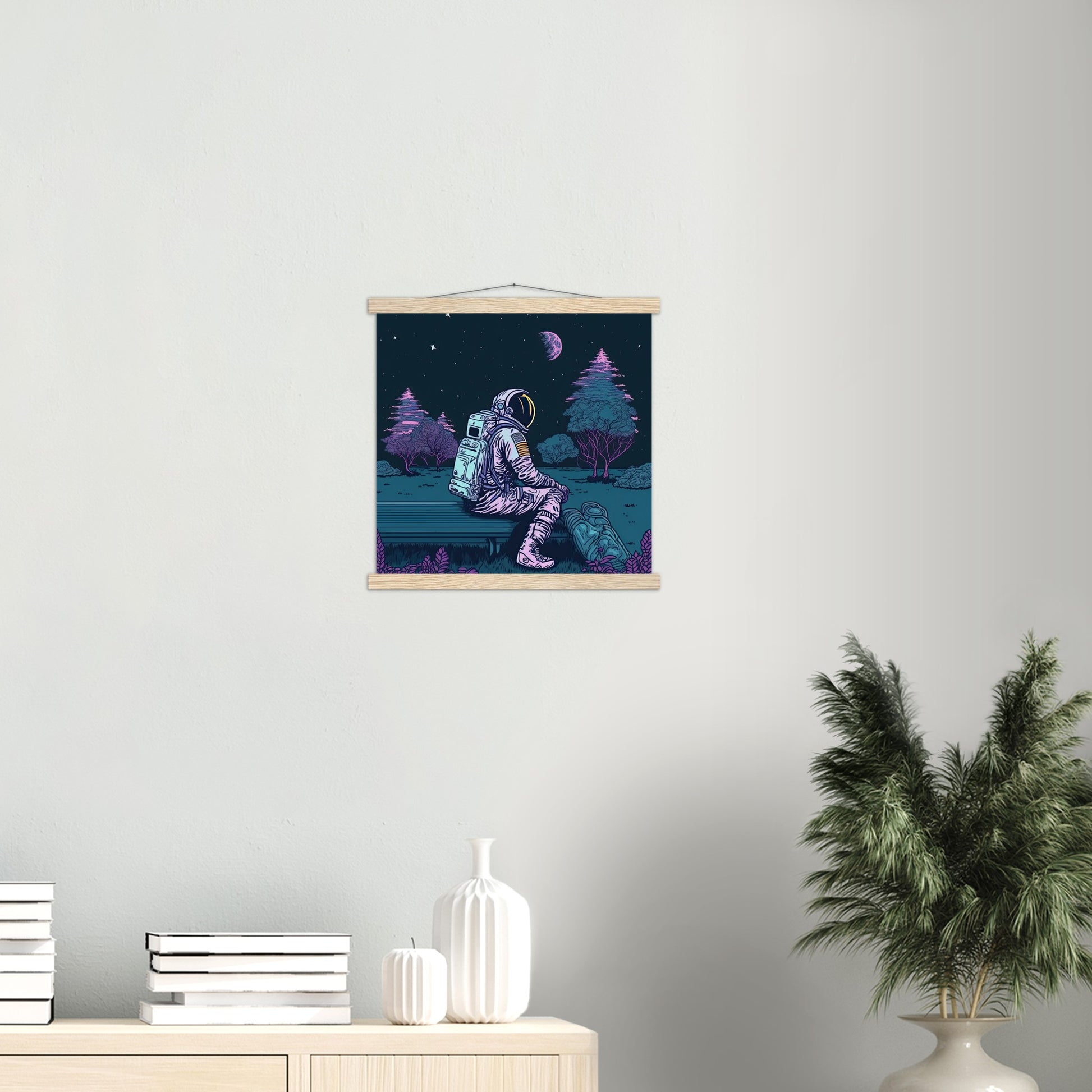 Poster mit Leisten (Holz) - in Museumsqualität - Stargazing Astronaut - John - Illustration - Astronaut - Parkbank - Rocketman - Posterleisten - USA - Fineart - Posterrahmen  - Wandkunst - Holzrahmen - Poster with frame - artwork - art brand - printed cup personalized - Holzleisten - pixelboys - Kunstdrucke - wandbilder - wall art - Kunst auf Tassen  - Office Poster - Gastrotassen - Wanddekoration - Acrylkunst - Geschenkidee - Office Poster - Acryldruck - Abstrakte Kunst -