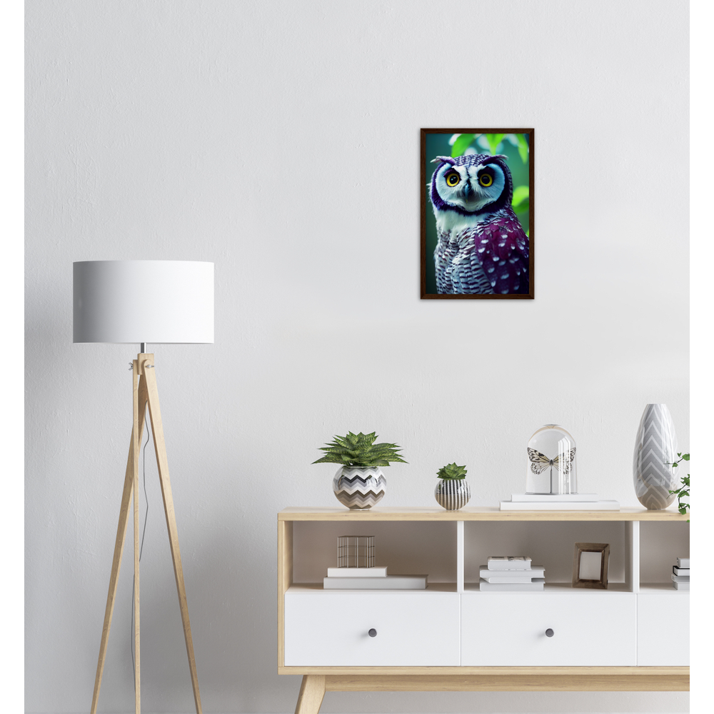 Poster mit Rahmen (Holz) - Fruit Owl No.5 - "Sini", the bluberry owl - Wandkunst - Kunstdruck - Heidelbeereule - (lat. bubo vaccinium) - Teebecher - Heidelbeere Eule - Fruchteulen - blueberry owl- Vogel - Uhu - Bird - Strigiformes - Noctua - Ornithologie - Kunstwerk  - Office Poster - Poster mit Rahmen - Kaffee Tasse - Poster mit Leisten - Bedruckte Tassen - Kunst Marke - Art Brand - Acryldruck - Wandbild - Kunstdrucke - Papier: 250g/qm - Künstler: John Grayst & Pixelboys - Eulen - Owl - Geschenkidee - 