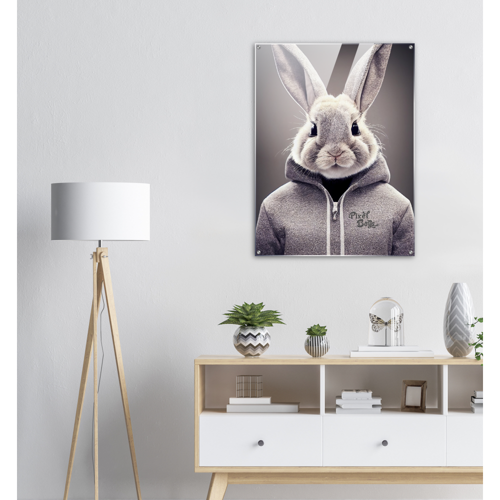 Acrylbild - Bunny in grey Hoodie - "Constantin" - Fashion Gang - Acryldruck - Ostern - Geschenkidee - Osterhase - Bunny Crew: "Constantin" - "Caesar" - "Titus" - "Cleo" - Weisser Hase - Easter Bunny - Cute - grey Hoodie - sweats - Alice's Adventures in Wonderland - Modemarke - Pixelboys Brand - Constantin der Hase - Hase - Kaninchen  - Künstler: "Pixelboys" - Atelier - Germany - Berlin - Hamburg - Colgne - France - Paris - Italy - Rom - USA - America - New York City - Los Angeles - Chicago - 