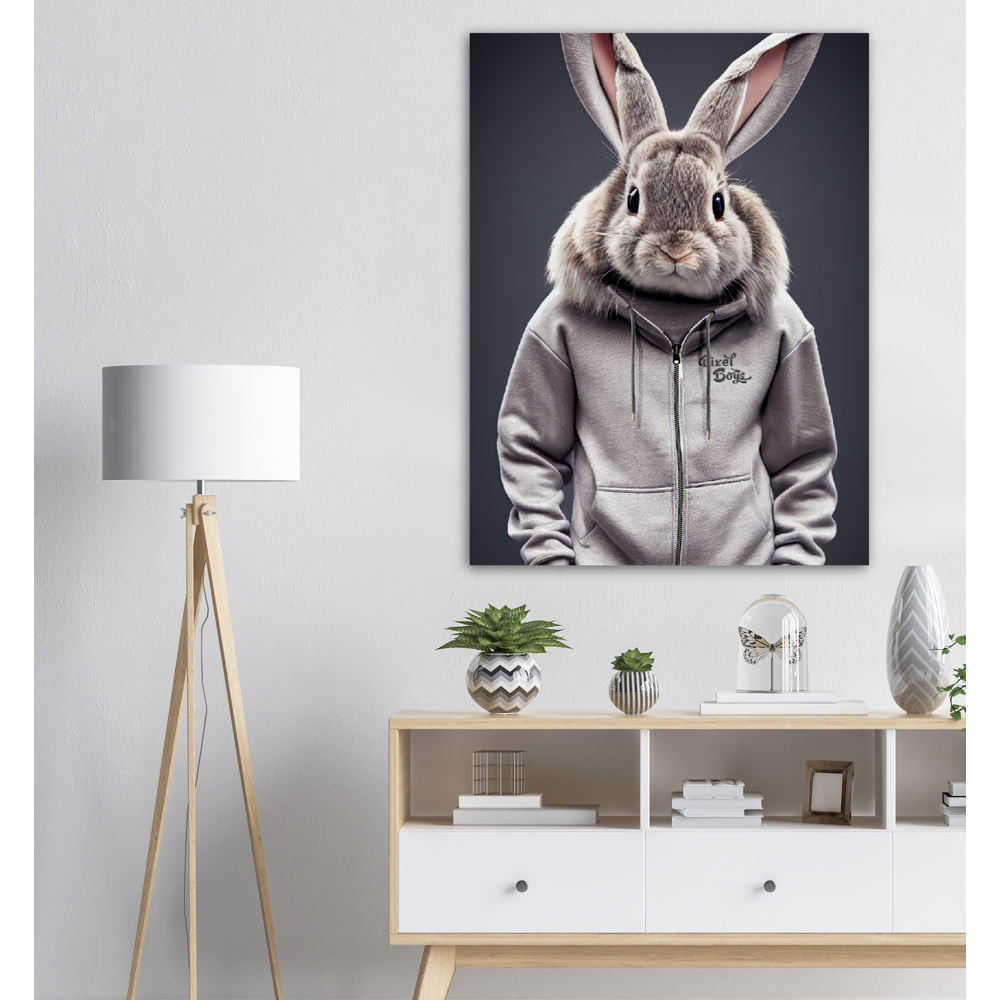 Poster in Museumsqualität - Bunny in grey Tracksuit - "Titus" - Fashion Gang - Becher - Ostern - Geschenkidee - Osterhase - Bunny Crew: "Titus" - "Caesar" - "Constantin" - "Cleo" - Weisser Hase - Easter Bunny - Cute - grey tracksuit - sweats - Alice's Adventures in Wonderland - Modemarke - Pixelboys Brand - Constantin der Hase - Hase - Kaninchen  - Künstler: "Pixelboys" - Atelier - Germany - Berlin - Hamburg - Colgne - France - Paris - Italy - Rom - USA - America - New York City - Los Angeles - Chicago - 