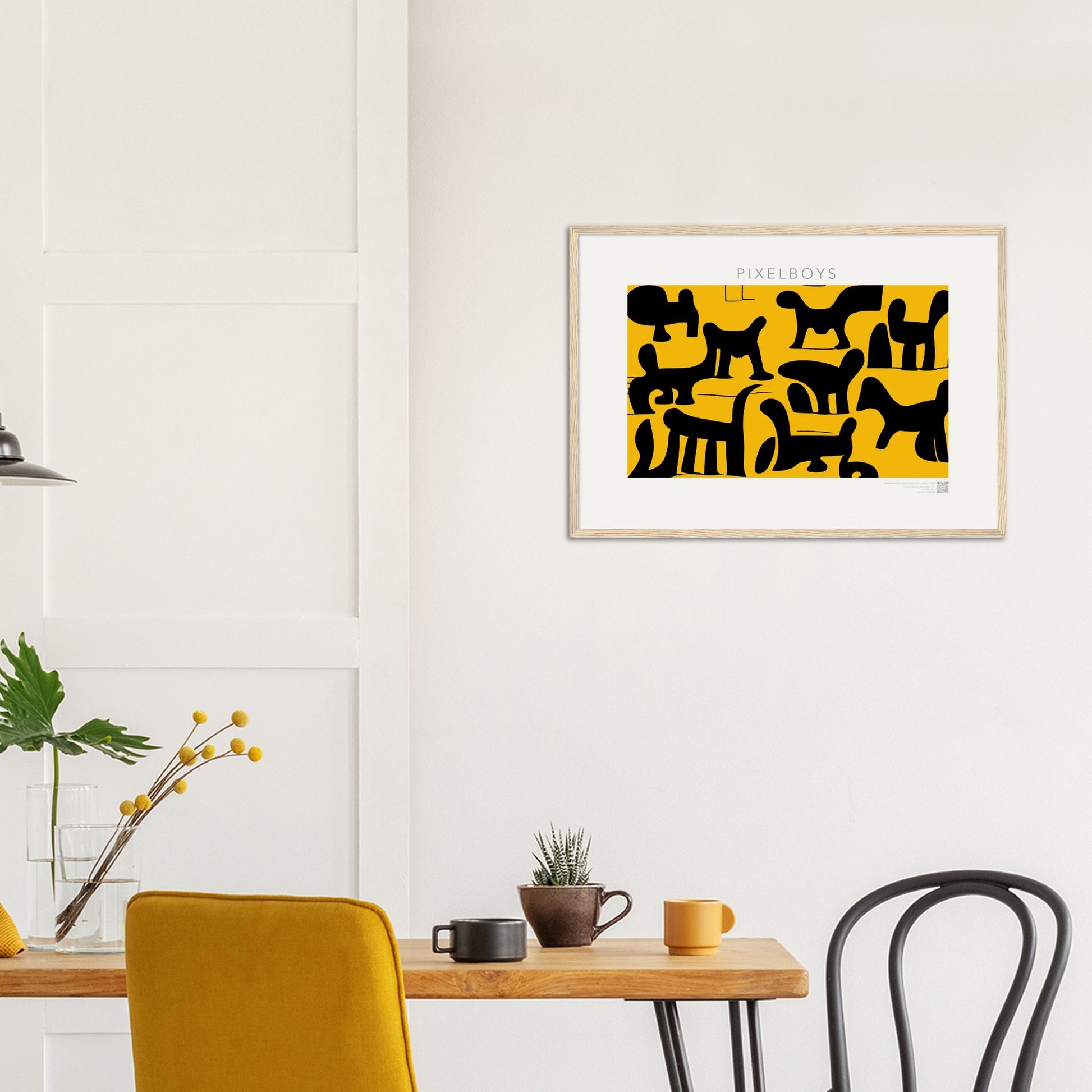 Poster mit Rahmen (Holz) - Doodlemania "weird animals on yellow" - No.3 - bedruckte Tasse-  gelb - Cup - Hunde - Katzen - Doodle Kunst - dogs - Cats - gastro - Poster mit Rahmen - doodle artwork - Acrylbild - Kunstdruck - Wandbild - office Poster - Poster with frame -  Künstler: Pixelboys & The Unknown Artist Nb.517 - keith haring - Gastro Art - anti stress art - Art Brand - Kunstdruck - Gastro Tasse - 