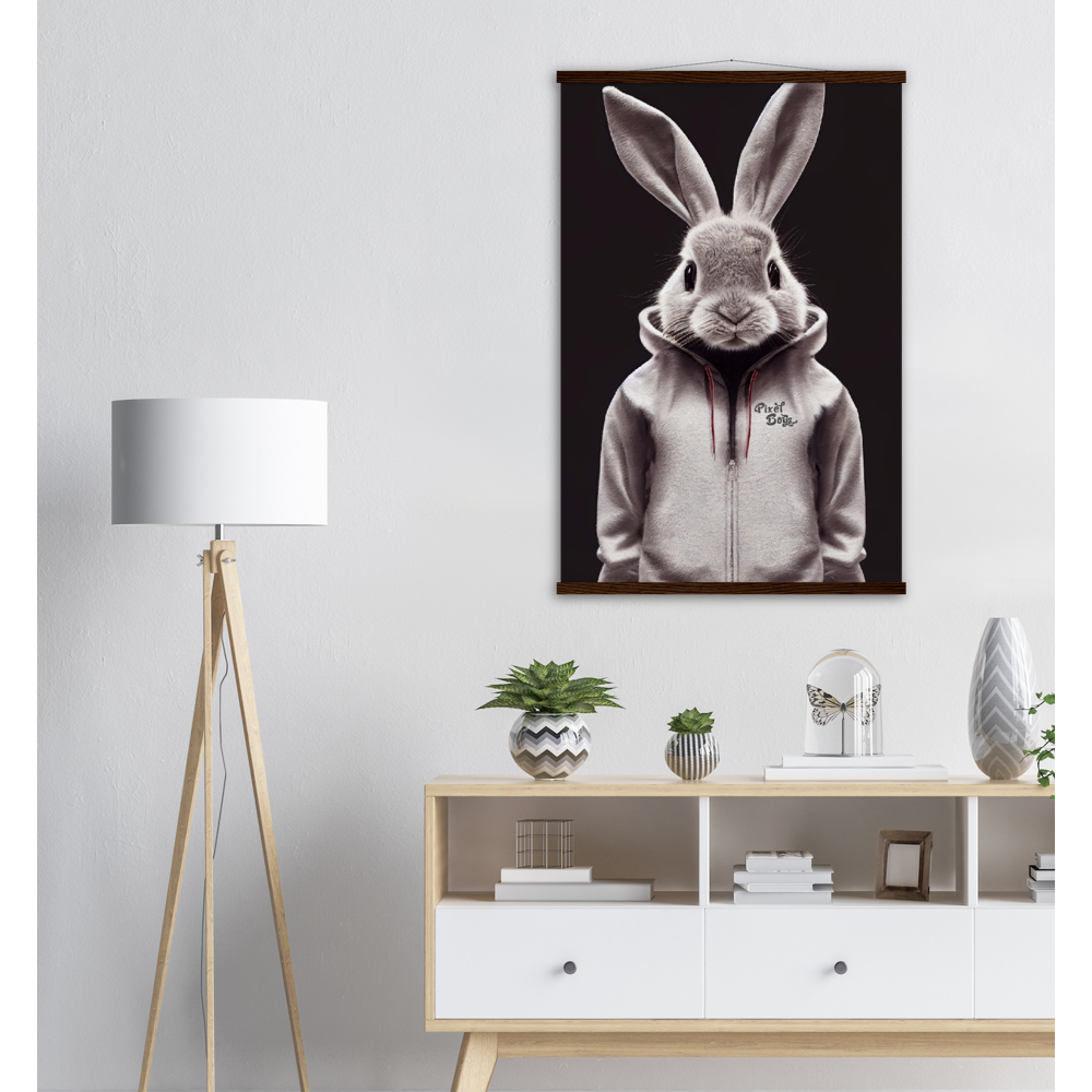 Poster mit Leisten (Holz) - Bunny in grey tracksuit - Fashion Gang - Wandbild - Ostern - Geschenkidee - Osterhase - Bunny Crew: "Valerian" - "Caesar" - "Constantin" - "Cleo"-Titus - Weisser Hase - Easter Bunny - Cute - grey tracksuit - sweats - Alice's Adventures in Wonderland - Modemarke - Pixelboys Brand - Valerian der Hase - Kaninchen  - Künstler: "Pixelboys" - Atelier - Germany - Berlin - Hamburg - Colgne - France - Paris - Italy - Rom - USA - America - New York City - Los Angeles - Chicago - 