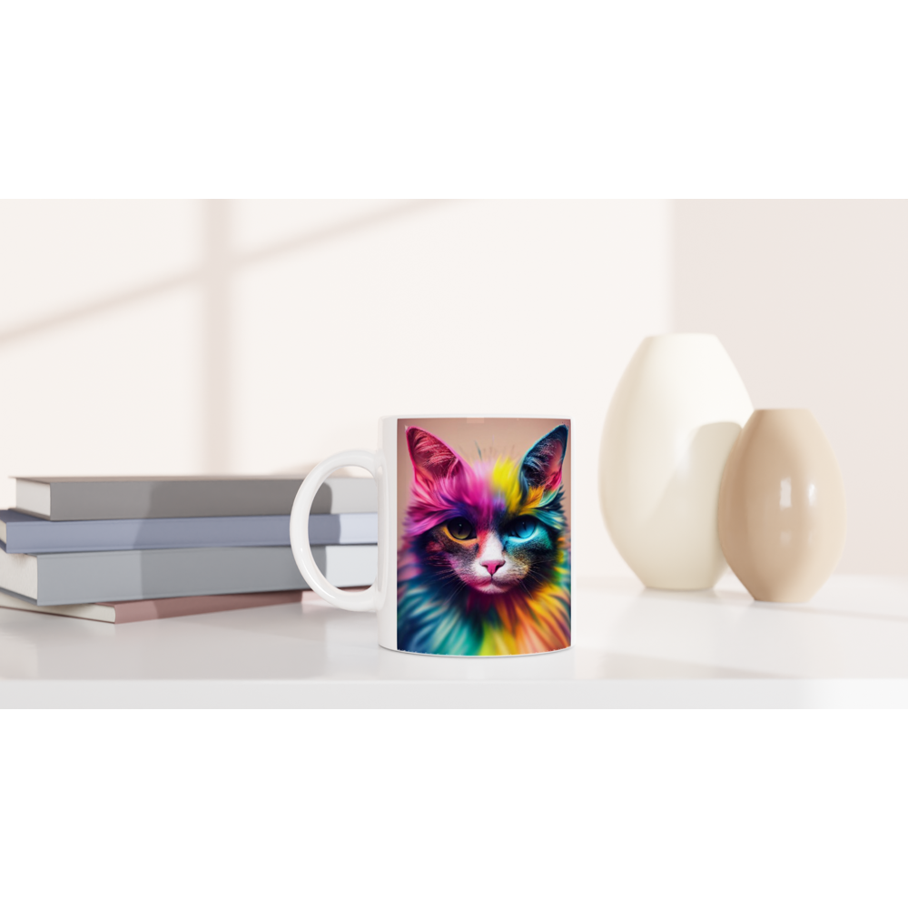 personalisierbare Tasse mit einzigartiger, farbenfroher Regenbogenkatze