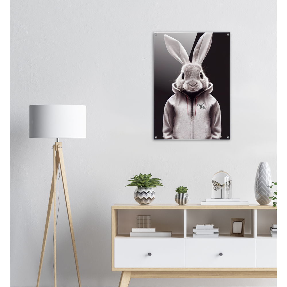 Acrylbild - Bunny in grey tracksuit - Fashion Gang - Acryldruck - Ostern - Geschenkidee - Osterhase - Bunny Crew: "Valerian" - "Caesar" - "Constantin" - "Cleo"-Titus - Weisser Hase - Easter Bunny - Cute - grey tracksuit - sweats - Alice's Adventures in Wonderland - Modemarke - Pixelboys Brand - Valerian der Hase - Kaninchen  - Künstler: "Pixelboys" - Atelier - Germany - Berlin - Hamburg - Colgne - France - Paris - Italy - Rom - USA - America - New York City - Los Angeles - Chicago - 