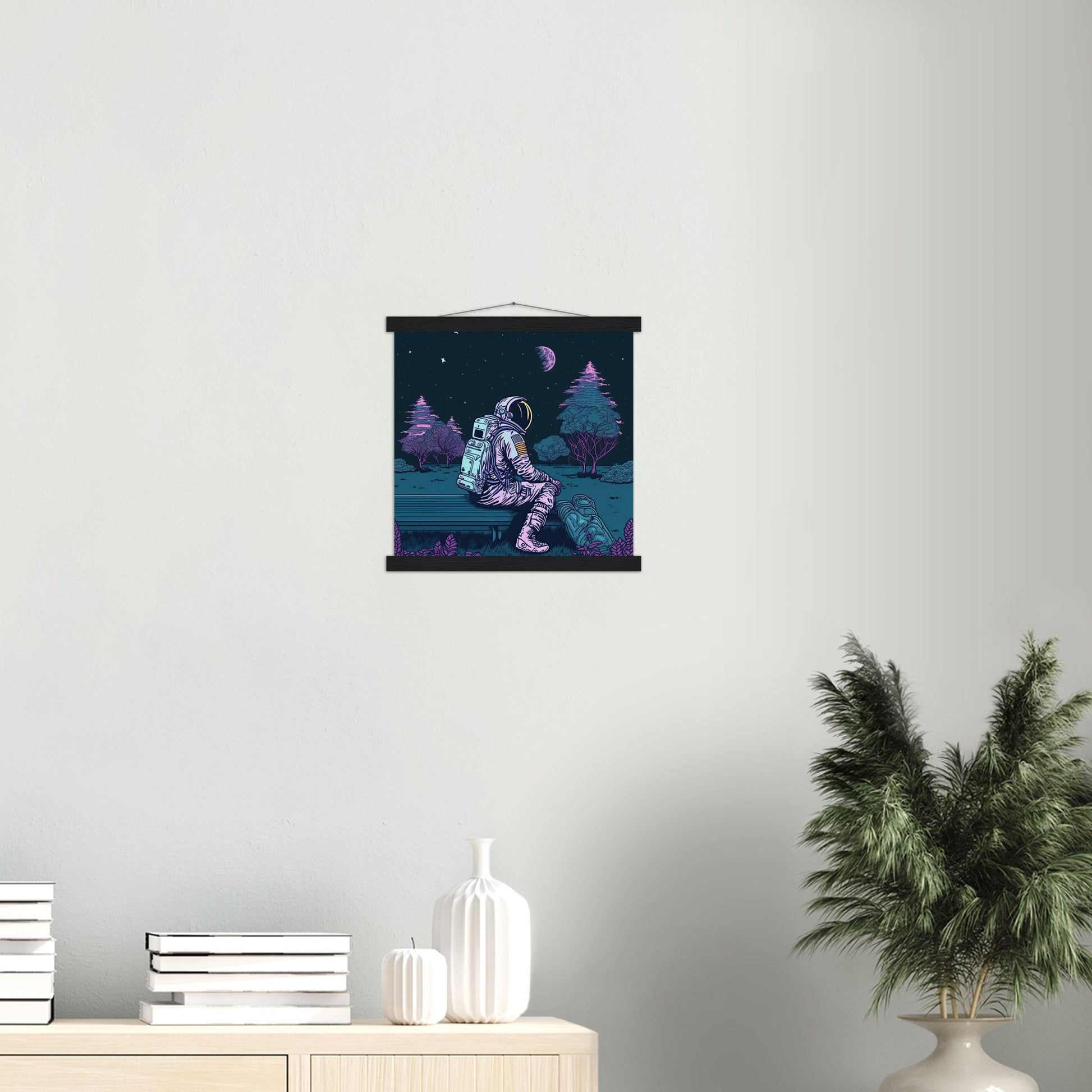 Poster mit Leisten (Holz) - in Museumsqualität - Stargazing Astronaut - John - Illustration - Astronaut - Parkbank - Rocketman - Posterleisten - USA - Fineart - Posterrahmen  - Wandkunst - Holzrahmen - Poster with frame - artwork - art brand - printed cup personalized - Holzleisten - pixelboys - Kunstdrucke - wandbilder - wall art - Kunst auf Tassen  - Office Poster - Gastrotassen - Wanddekoration - Acrylkunst - Geschenkidee - Office Poster - Acryldruck - Abstrakte Kunst -