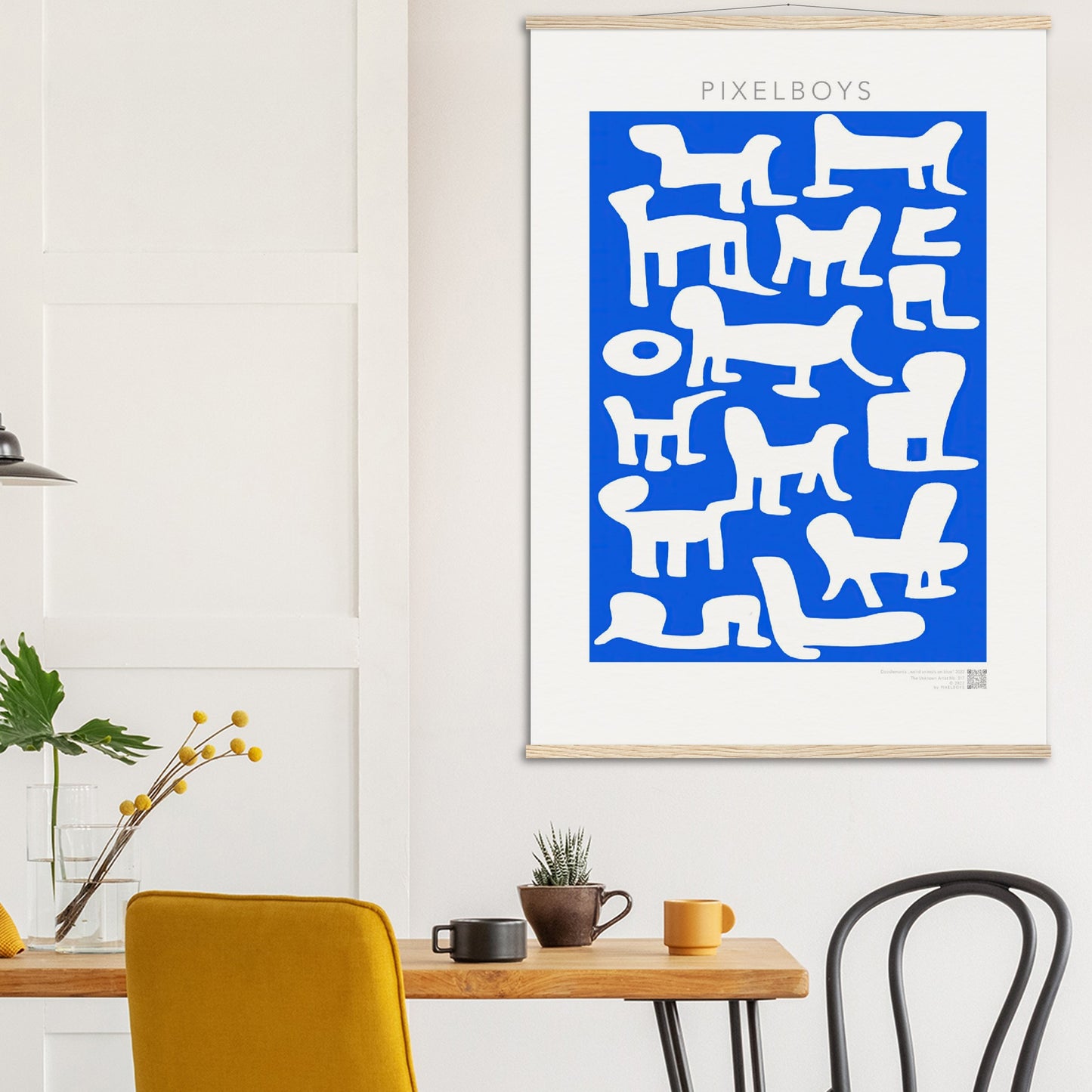 Poster mit Leisten (Holz) - in Museumsqualität - Doodlemania "weird animals on blue" - No.1 - Hunde - Katzen - Doodle Kunst - Poster mit Rahmen - doodle artwork - Acrylbild - Kunstdruck - Wandbild - office Poster - Poster with frame -  Künstler: Pixelboys & The Unknown Artist Nb.517 - keith haring - anti stress art - Art Brand - 