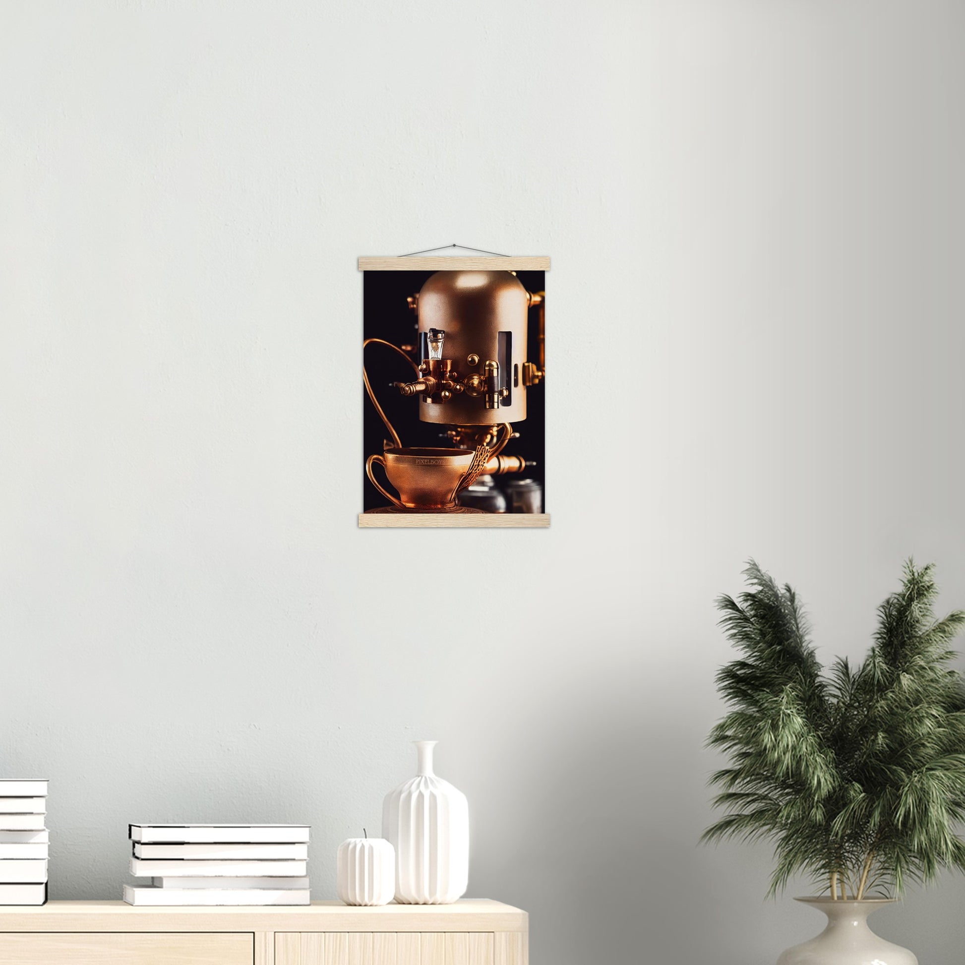 Poster mit Leisten (Holz) - Steampunk - Coffee Maker - No.7 - Collection Cup - Pixelboys - Wandbild - Kunstwerk - Hotelkunst - Kunst auf Postern - Fine Art - Steampunk - Future - Maschine - Poster with frame - Office Poster - Art Brand - Pixelboys - Coffee House - Restaurant Poster - Wall Art - Kunstdruck - Geschenkidee - Kunst auf Acrylglas - Future Coffee Cup - Personalisierbare Tasse - Gastro Tasse - exklusiv - Acryldruck - Gastronomie Poster - Hotelposter - Teestube - Steam Punk Kitchen -   