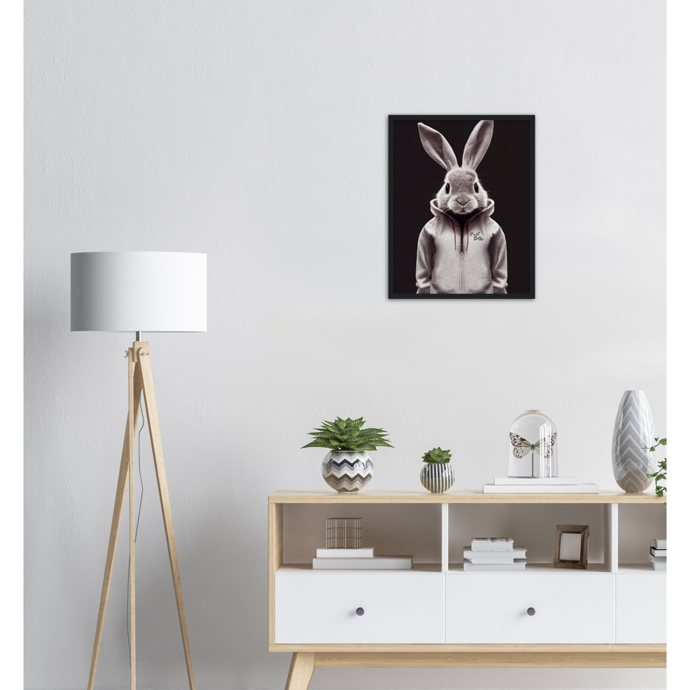 Poster mit Rahmen (Holz) - Bunny in grey tracksuit - Fashion Gang - Wandbild - Ostern - Geschenkidee - Osterhase - Bunny Crew: "Valerian" - "Caesar" - "Constantin" - "Cleo"-Titus - Weisser Hase - Easter Bunny - Cute - grey tracksuit - sweats - Alice's Adventures in Wonderland - Modemarke - Pixelboys Brand - Valerian der Hase - Kaninchen  - Künstler: "Pixelboys" - Atelier - Germany - Berlin - Hamburg - Colgne - France - Paris - Italy - Rom - USA - America - New York City - Los Angeles - Chicago - 