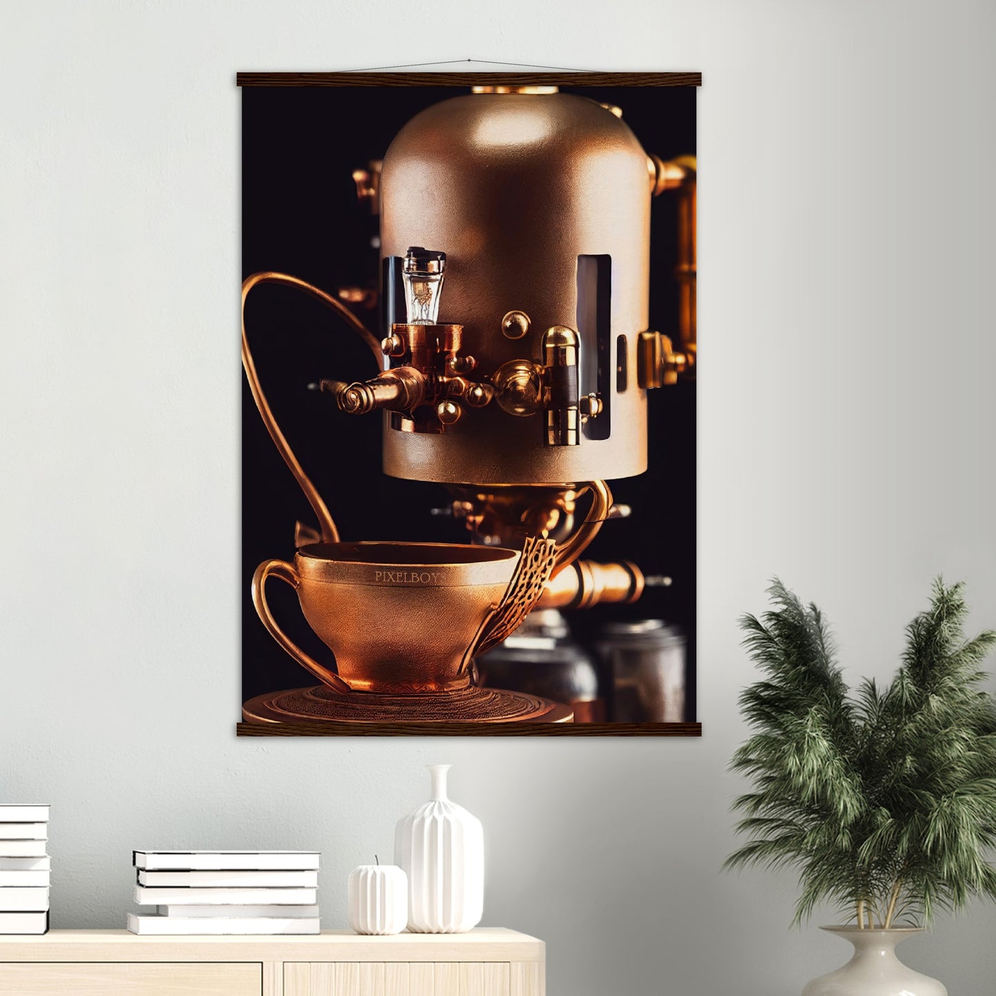 Poster mit Leisten (Holz) - Steampunk - Coffee Maker - No.7 - Collection Cup - Pixelboys - Wandbild - Kunstwerk - Hotelkunst - Kunst auf Postern - Fine Art - Steampunk - Future - Maschine - Poster with frame - Office Poster - Art Brand - Pixelboys - Coffee House - Restaurant Poster - Wall Art - Kunstdruck - Geschenkidee - Kunst auf Acrylglas - Future Coffee Cup - Personalisierbare Tasse - Gastro Tasse - exklusiv - Acryldruck - Gastronomie Poster - Hotelposter - Teestube - Steam Punk Kitchen -   