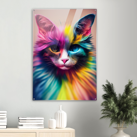 Acrylbild - Einzigartige farbenfrohe Regenbogenkatze "Luna"