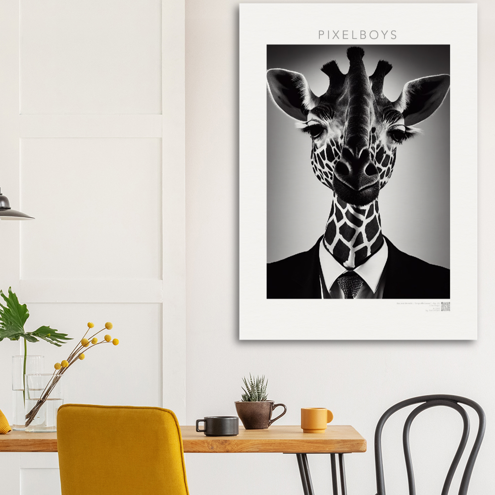 Poster - "The giraffe knows" - Business Animals No. 2 "Bridget" (Giraffe) - Künstler: "John Grayst" Kunstdruck - Wandbild - Pixelboys - Atelier - Milano - Berlin - Munich - Madrid - New York - Dubai - Paris - Tokio - Rom - Lisbon - Ottawa - Bern Switzerland - Amsterdam - Seoul - Vancouver - Antwerpen -