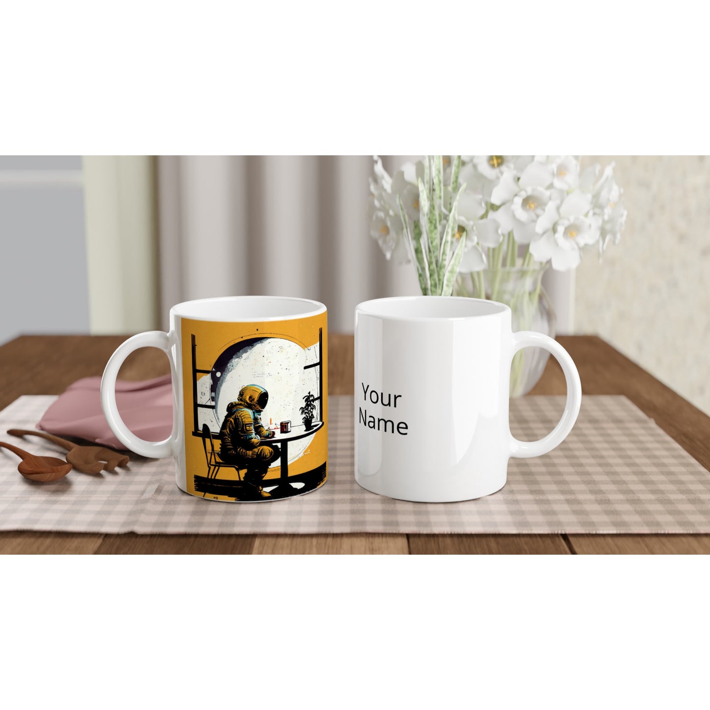 Personalisierte Tasse (bedruckt) in Museumsqualität - The waiting Astronaut - Michael - Illustration - Astronaut - Waiting - Posterleisten - USA - Fineart - Posterrahmen  - Wandkunst - Holzrahmen - Poster with frame - people of color - artwork - art brand - printed cup personalized - Holzleisten - pixelboys - Kunstdrucke - wandbilder - wall art - Kunst auf Tassen  - Office Poster - Gastrotassen - Wanddekoration - Acrylkunst - Geschenkidee - Office Poster - Acryldruck - Abstrakte Kunst -