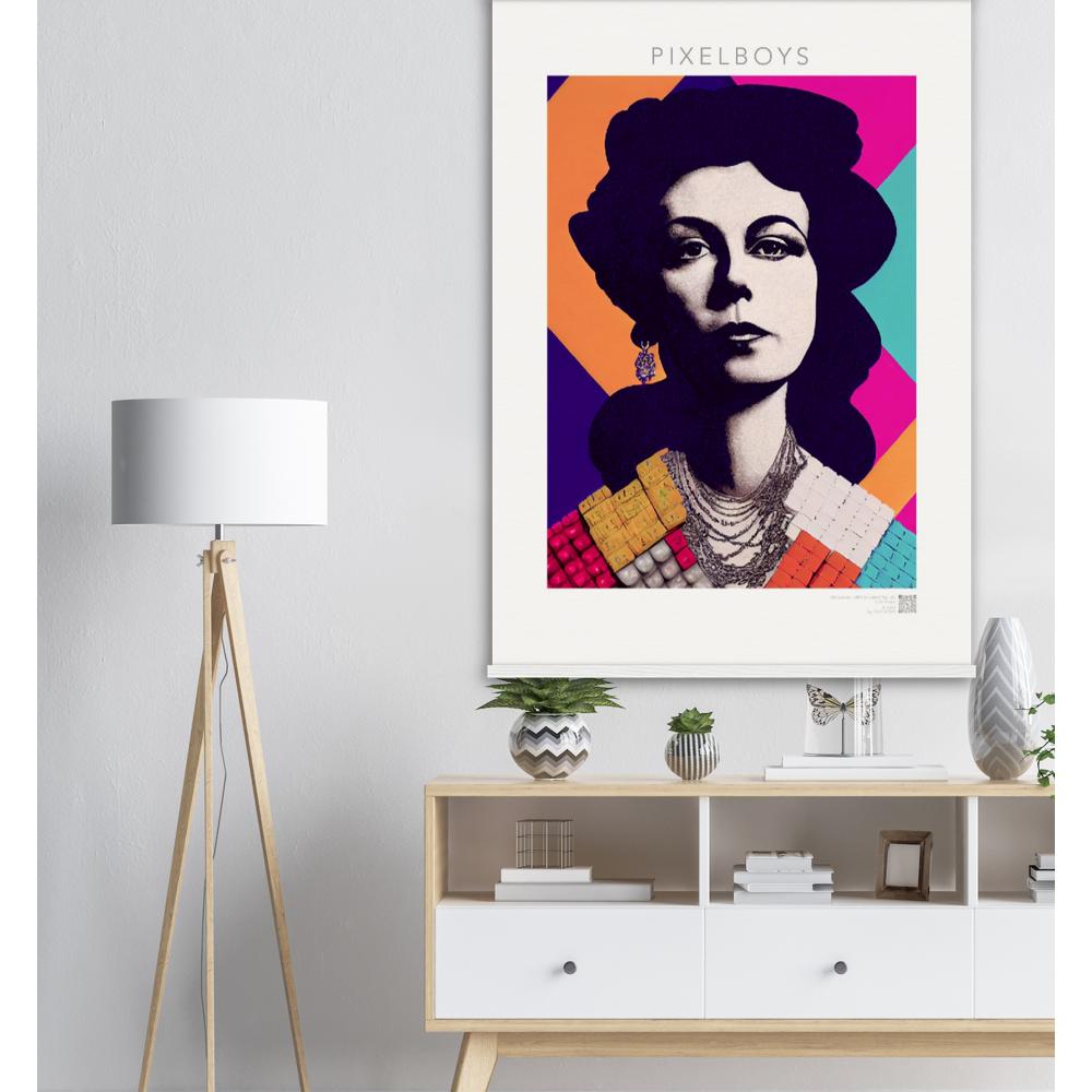  Poster mit Leisten (Holz) - in Museumsqualität - The Queen No.3 - HRH in cubes - Kunstdruck - 250g/qm - Queen Elisabeth II - Monarch - HRH - His/Her Royal Highness - Groß Britannien - Commonwealth - The Royal Family - Wandbild - Kubismus - synthetischen Kubismus - Georges Braque - Künstler: "John Grayst" - Atelier - UK - GB - London - 