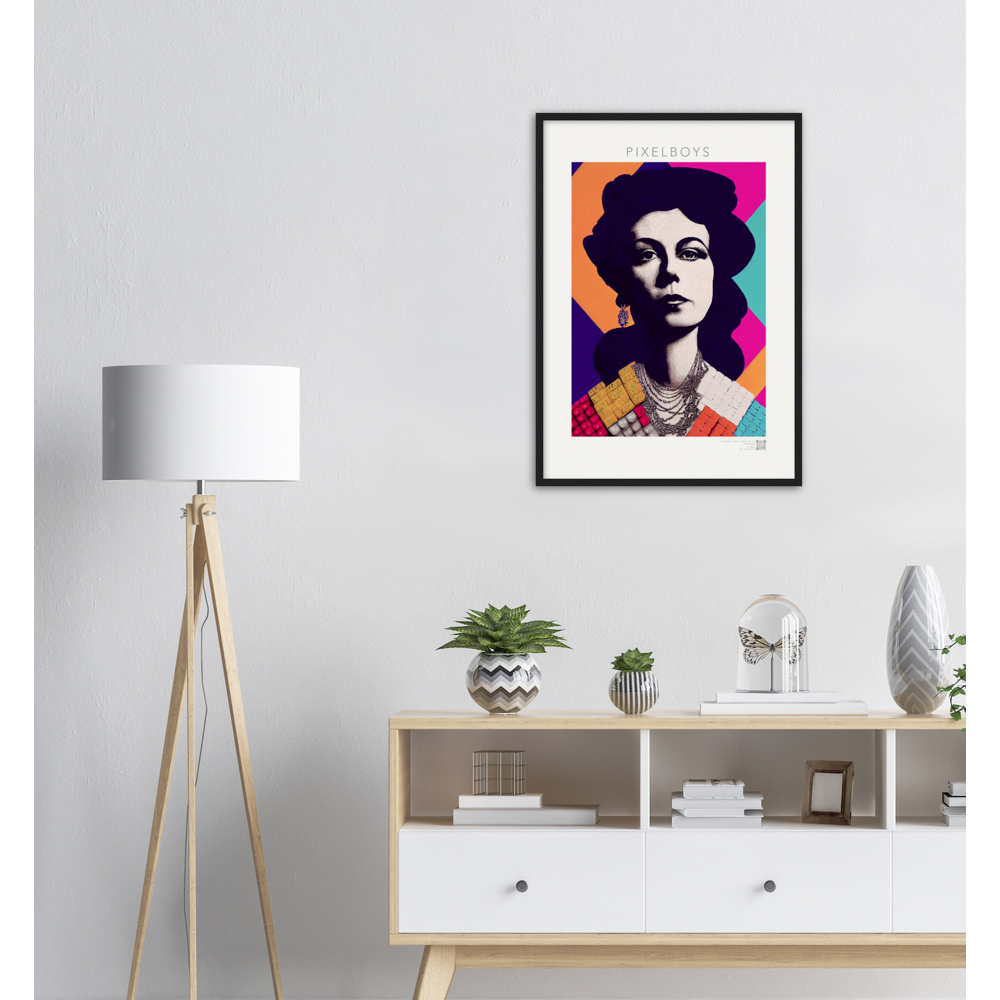 Poster mit Rahmen (Holz) - in Museumsqualität - The Queen No.3 - HRH in cubes - Kunstdruck - 250g/qm - Queen Elisabeth II - Monarch - HRH - His/Her Royal Highness - Groß Britannien - Commonwealth - The Royal Family - Wandbild - Kubismus - synthetischen Kubismus - Georges Braque - Künstler: "John Grayst" - Atelier - UK - GB - London - 